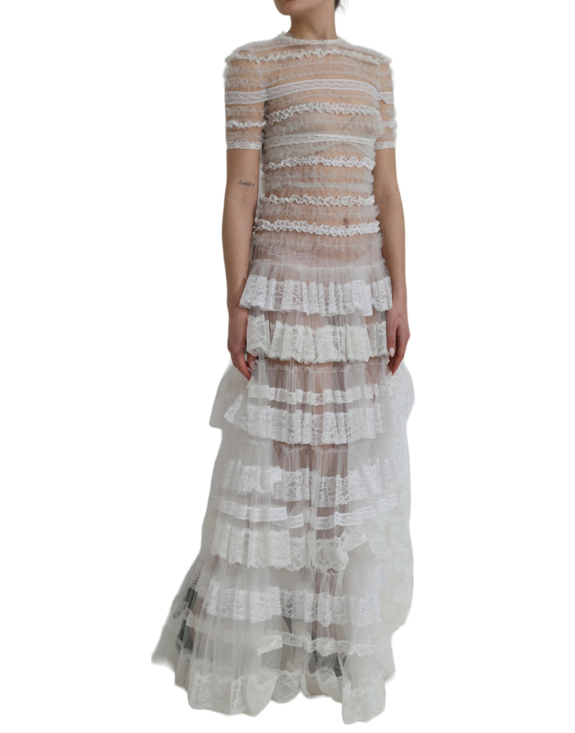 Rochie maxi Dolce &amp; Gabbana din dantelă transparentă albă din nailon și straturi