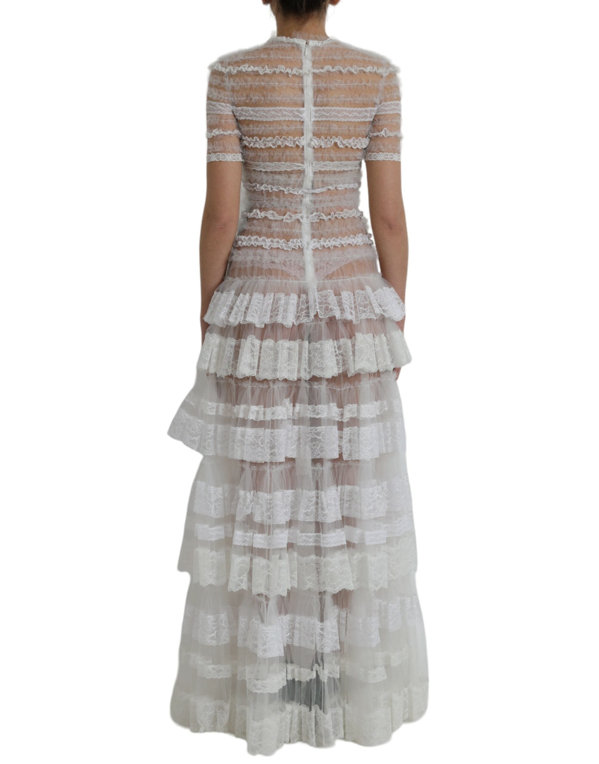 Rochie maxi Dolce &amp; Gabbana din dantelă transparentă albă din nailon și straturi