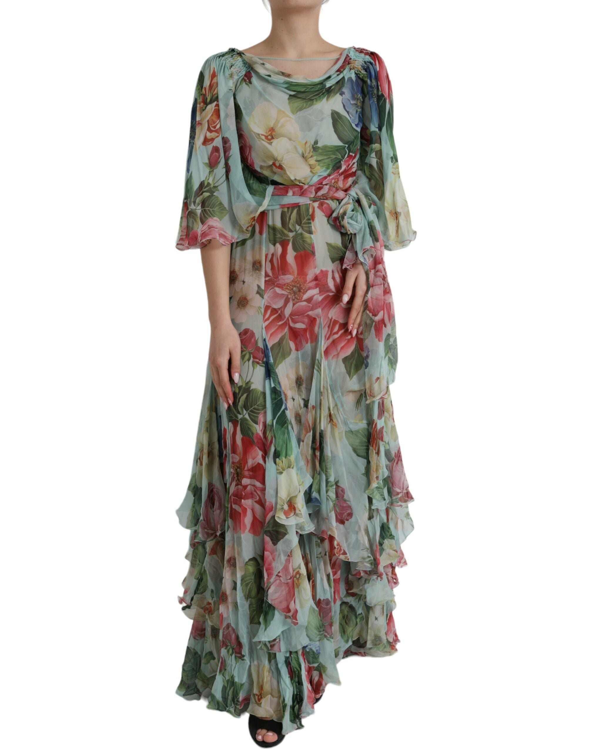 Rochie maxi lungă Dolce &amp; Gabbana albastră cu imprimeu floral și straturi