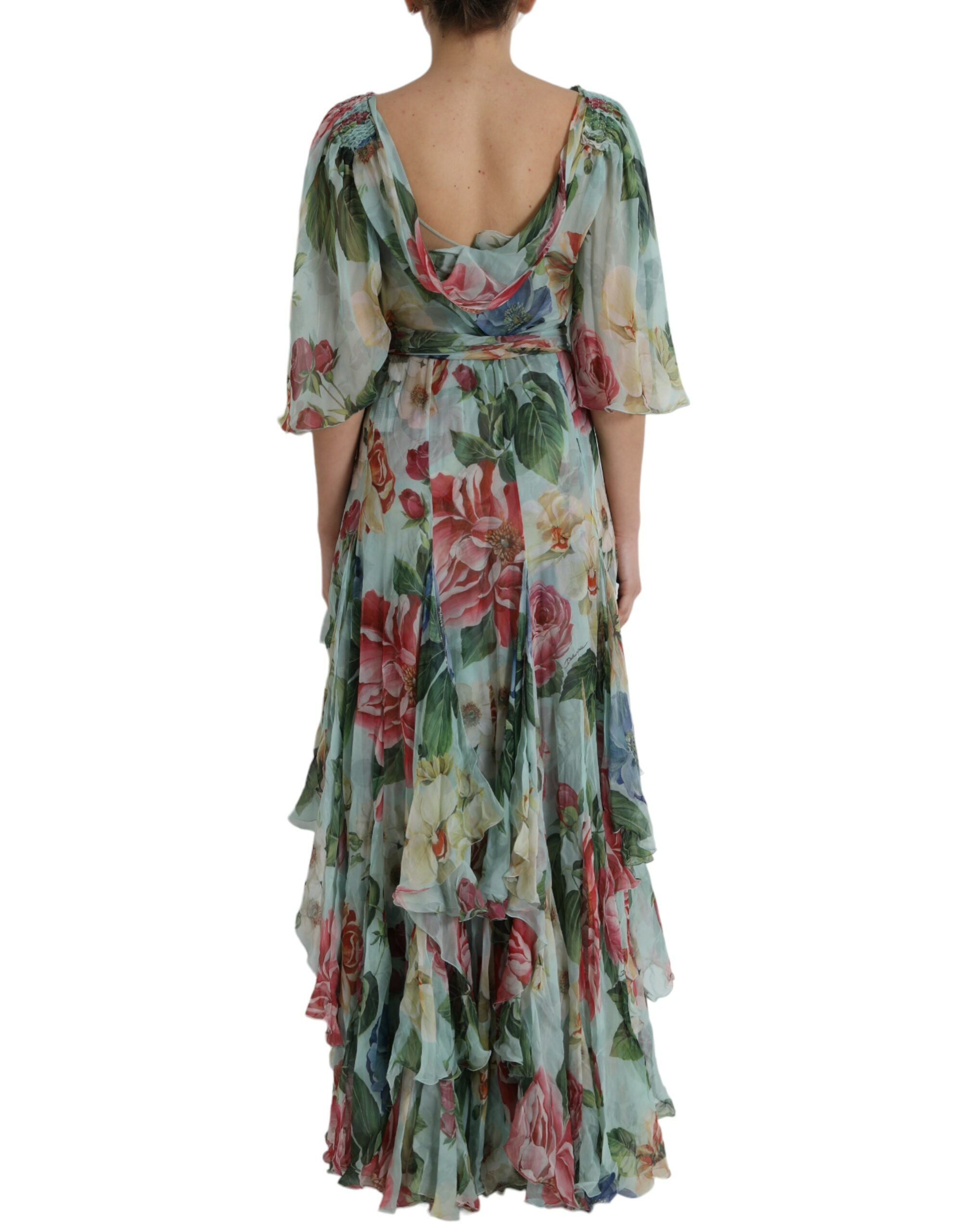 Rochie maxi lungă Dolce &amp; Gabbana albastră cu imprimeu floral și straturi