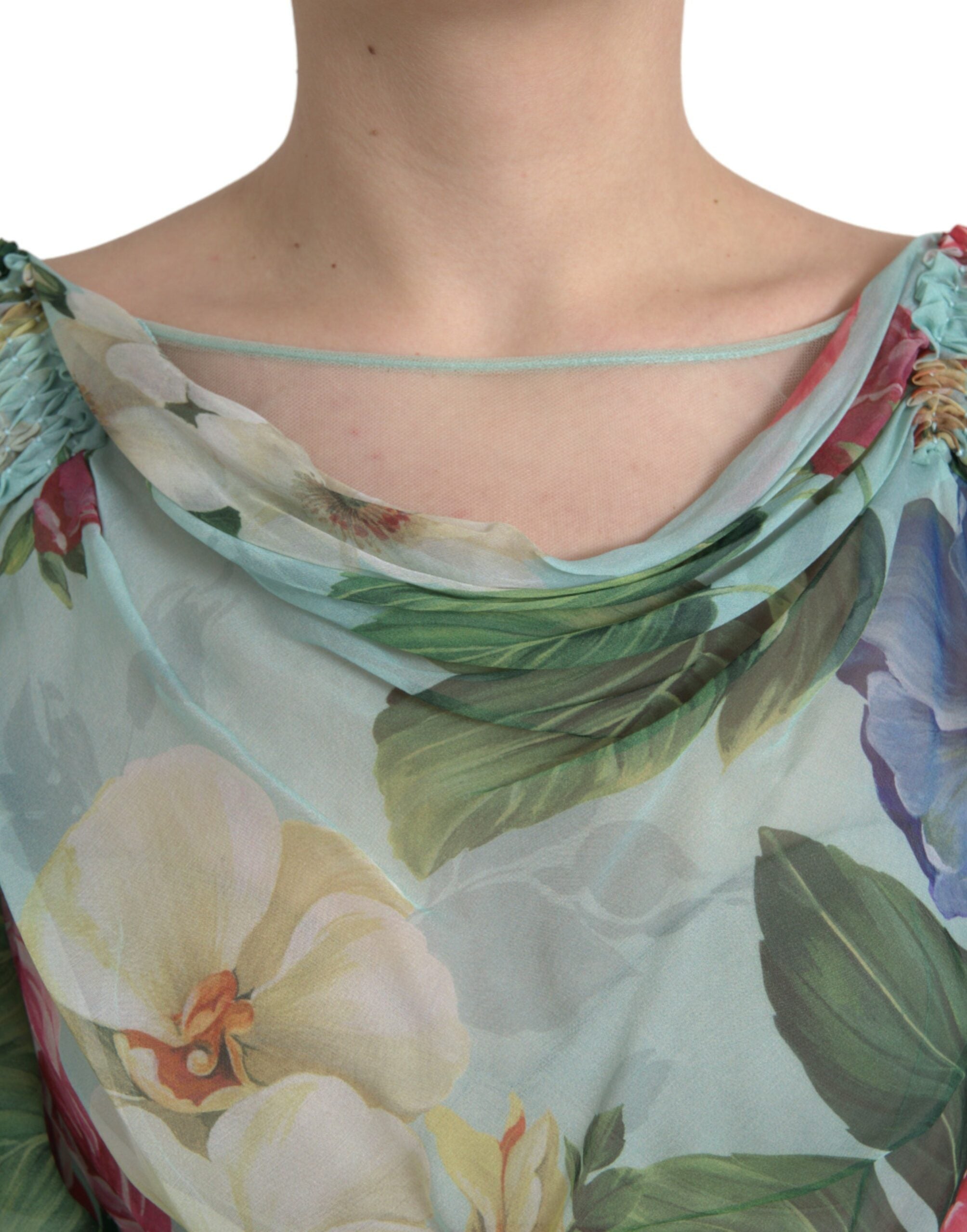 Rochie maxi lungă Dolce &amp; Gabbana albastră cu imprimeu floral și straturi
