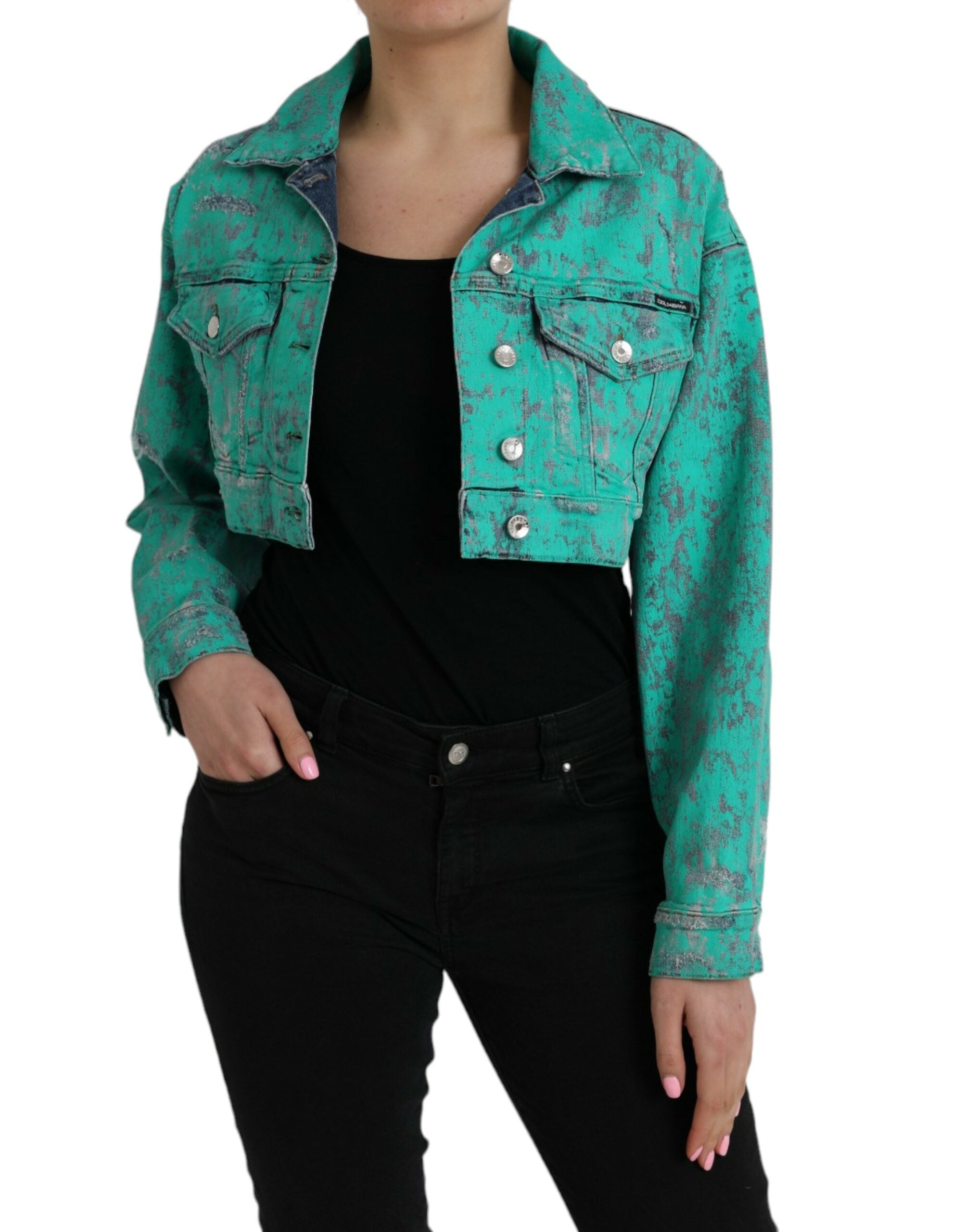 Dolce &amp; Gabbana – Kurze Jeansjacke aus Baumwolle mit Batikmuster in Grün