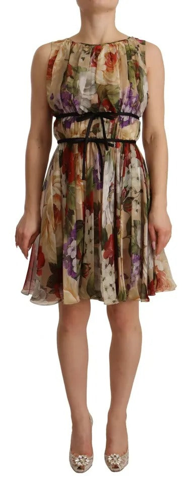 Rochie mini Dolce &amp; Gabbana bej cu imprimeu floral, fără mâneci, cu guler rotund