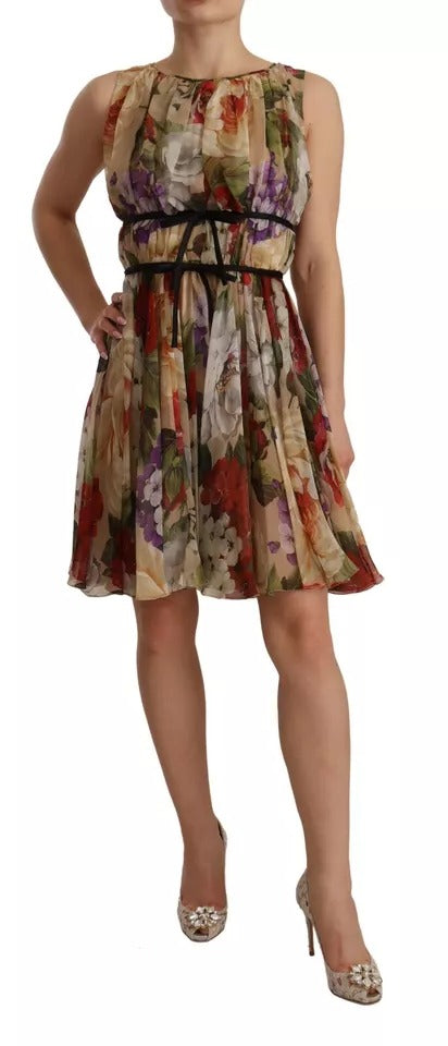 Rochie mini Dolce &amp; Gabbana bej cu imprimeu floral, fără mâneci, cu guler rotund