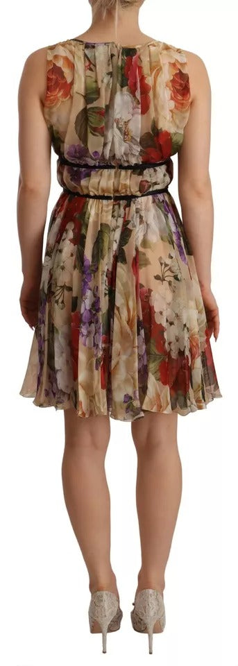 Rochie mini Dolce &amp; Gabbana bej cu imprimeu floral, fără mâneci, cu guler rotund