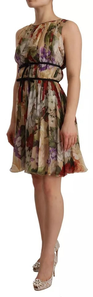 Rochie mini Dolce &amp; Gabbana bej cu imprimeu floral, fără mâneci, cu guler rotund