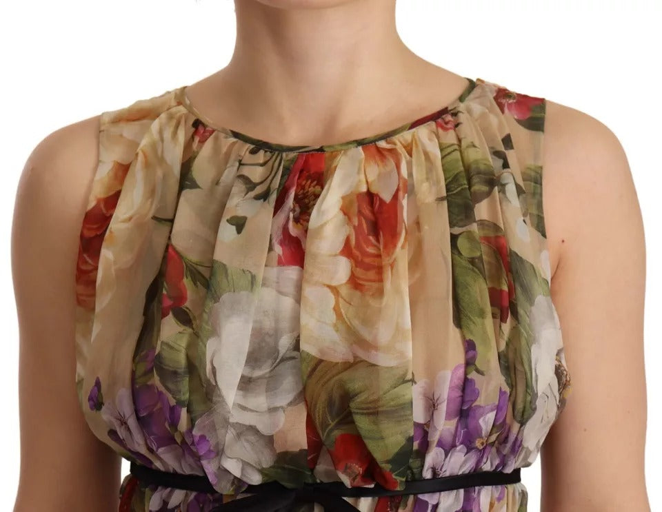 Rochie mini Dolce &amp; Gabbana bej cu imprimeu floral, fără mâneci, cu guler rotund