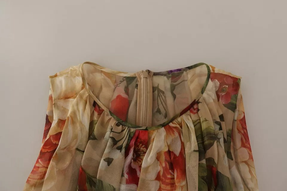 Rochie mini Dolce &amp; Gabbana bej cu imprimeu floral, fără mâneci, cu guler rotund