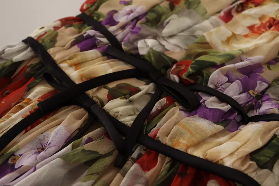 Rochie mini Dolce &amp; Gabbana bej cu imprimeu floral, fără mâneci, cu guler rotund