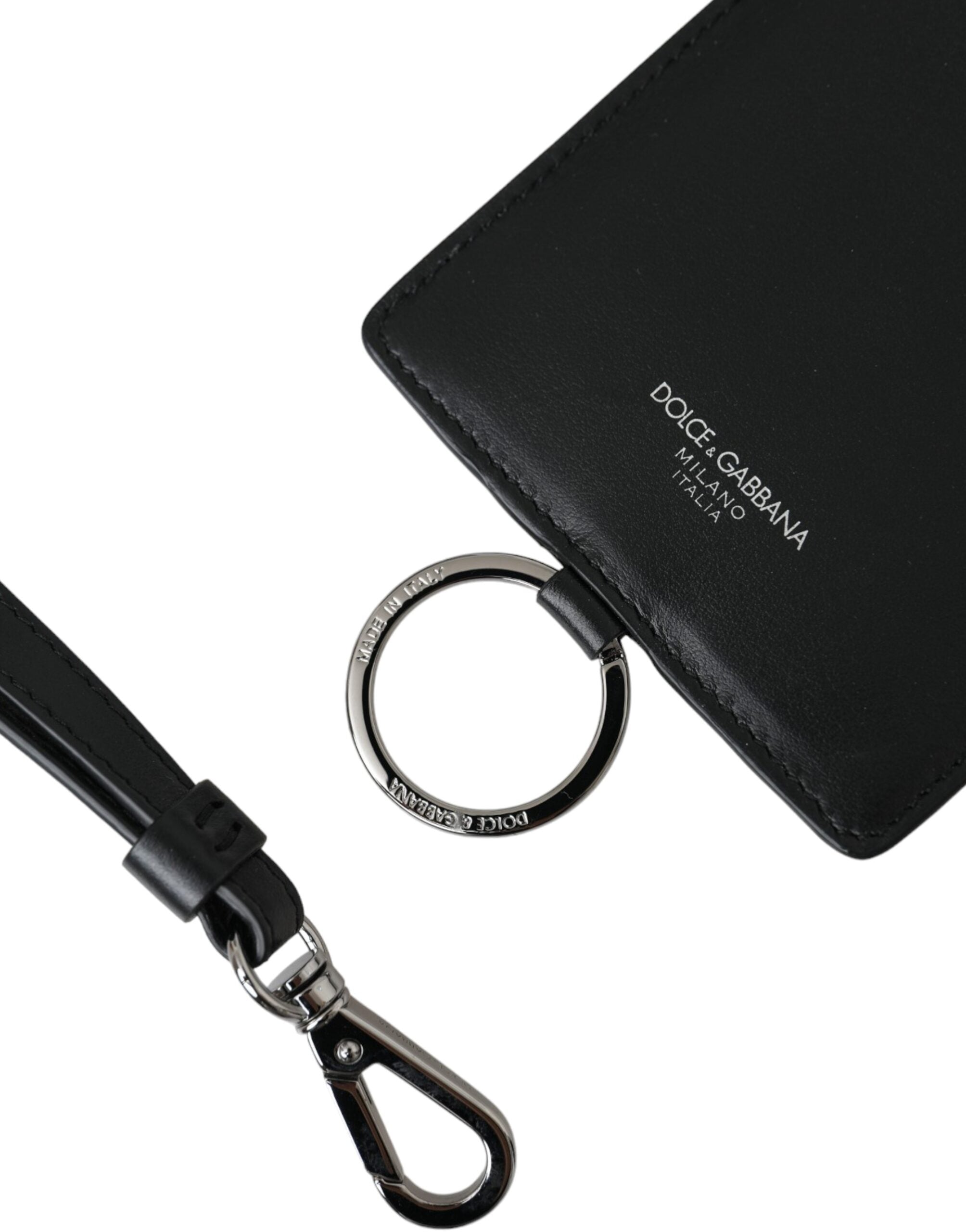 Portofel Dolce &amp; Gabbana negru din piele de vițel cu șnur și logo pentru carduri, pentru bărbați