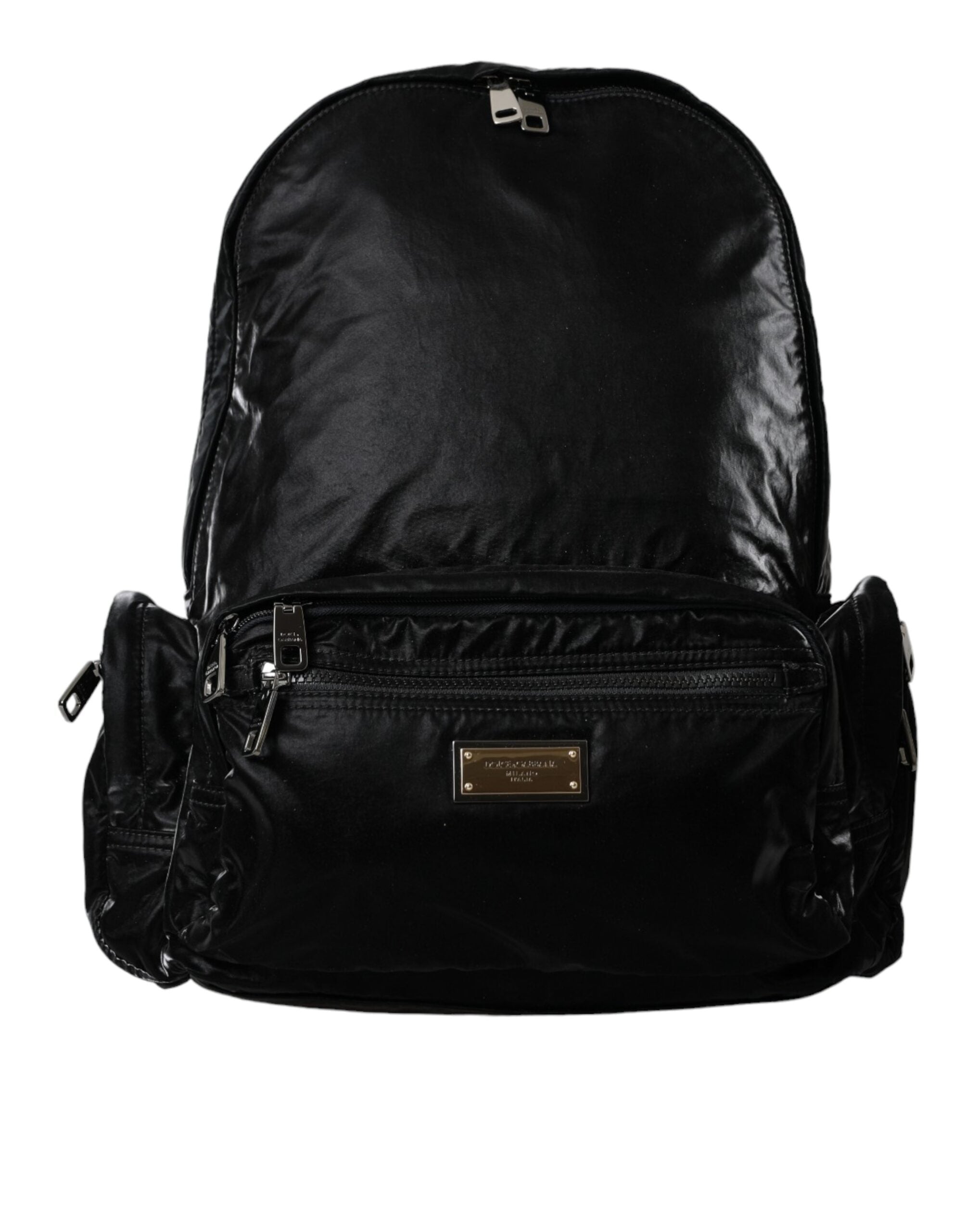 Dolce &amp; Gabbana – Rucksacktasche aus schwarzem Lackleder mit Logo-Plakette