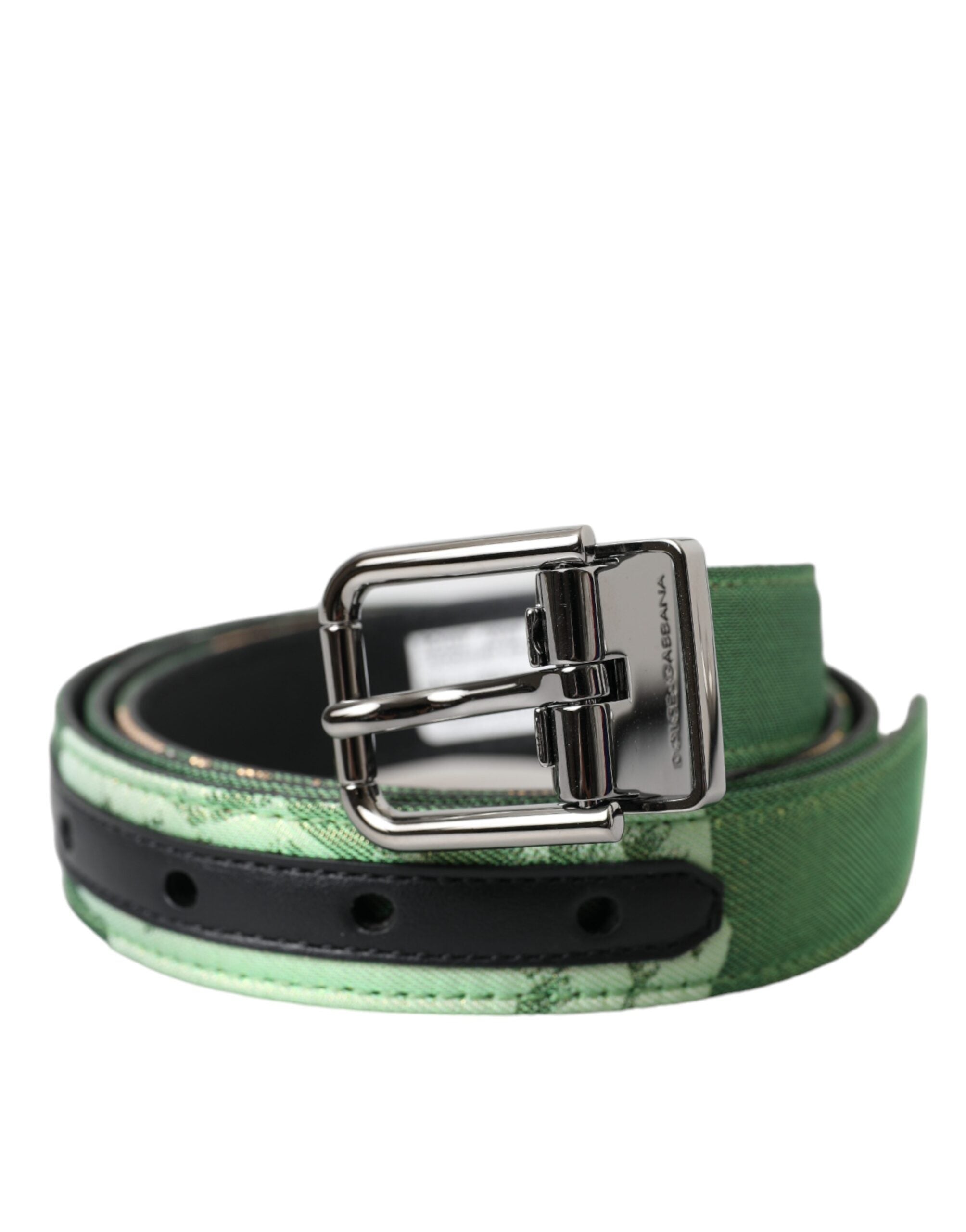 Curea Dolce &amp; Gabbana din piele verde cu cataramă metalică argintie jacquard