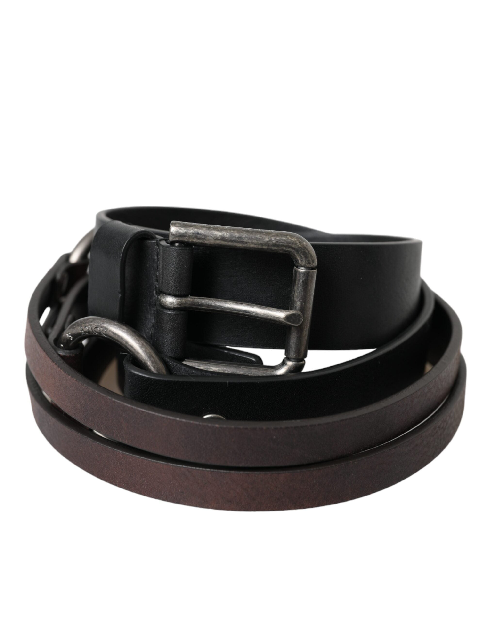 Curea Dolce &amp; Gabbana din piele neagră maro cu cataramă metalică argintie