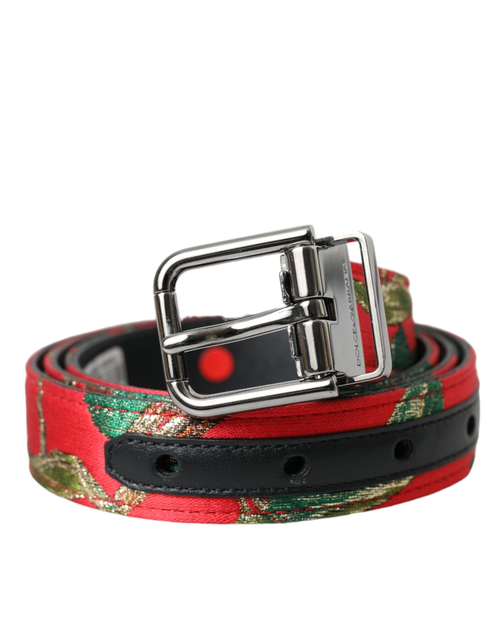 Curea Dolce &amp; Gabbana din piele roșie cu cataramă metalică argintie jacquard
