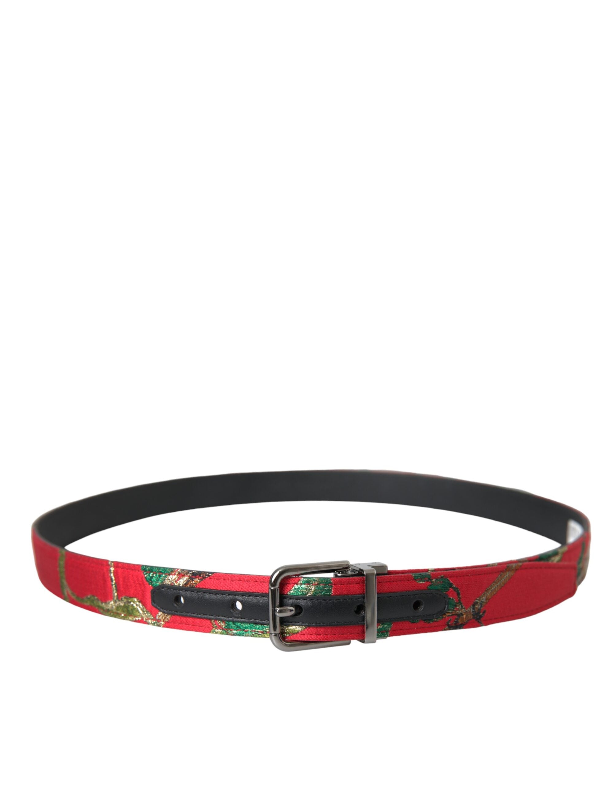 Curea Dolce &amp; Gabbana din piele roșie cu cataramă metalică argintie jacquard
