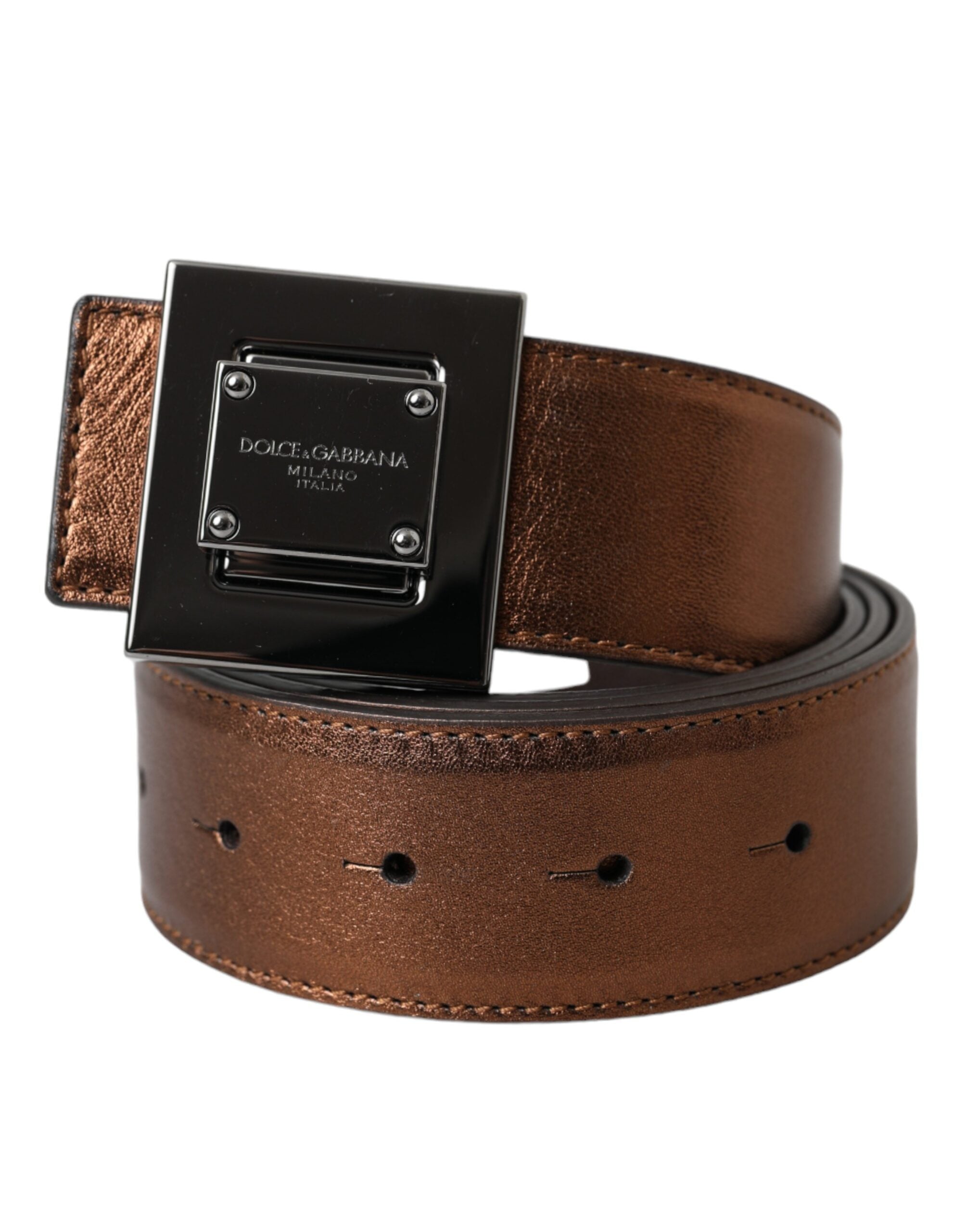 Dolce &amp; Gabbana Gürtel aus metallisch bronzefarbenem Leder mit quadratischer Metallschnalle