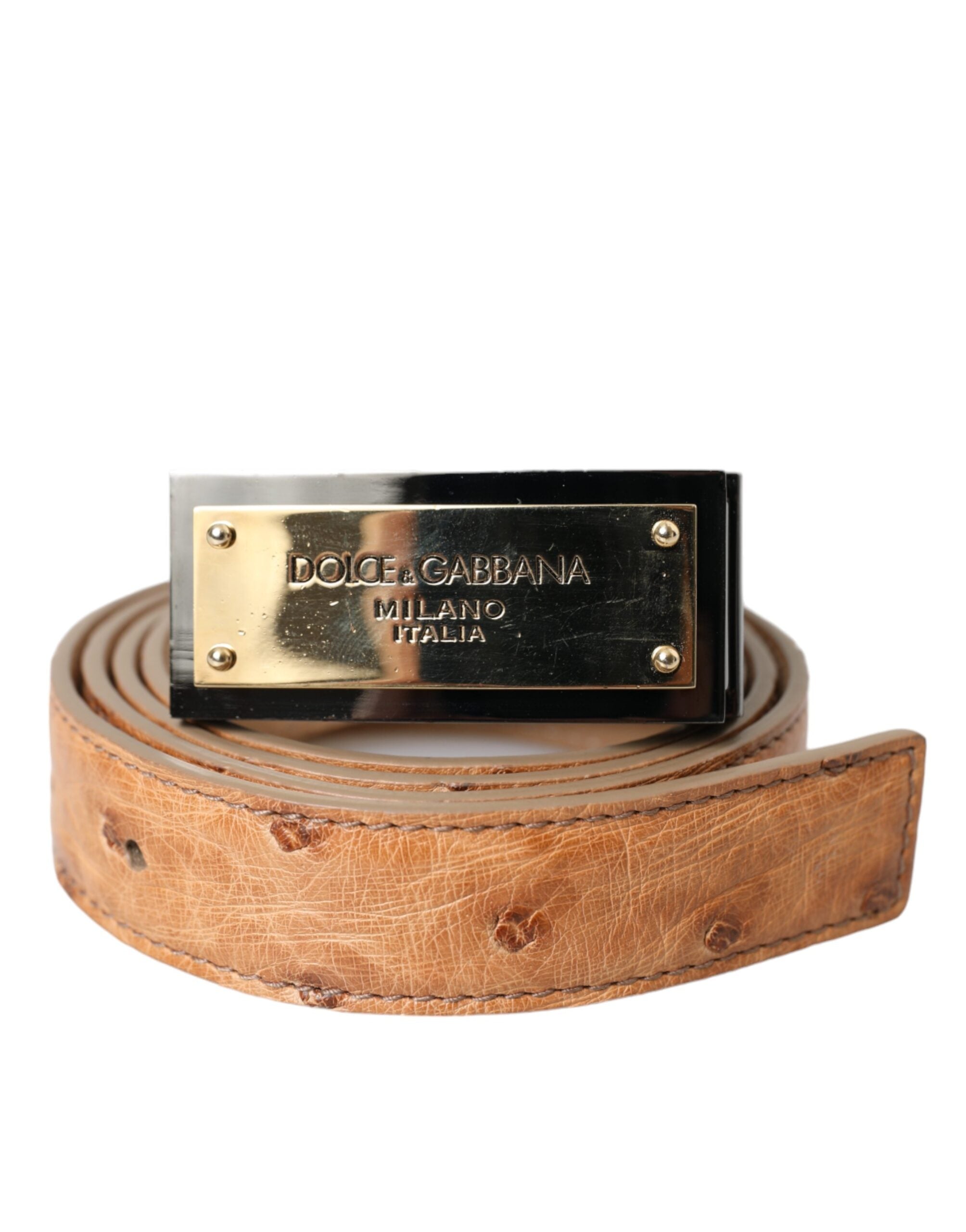 Dolce &amp; Gabbana – Beigefarbener Ledergürtel mit goldener Logo-Gravur