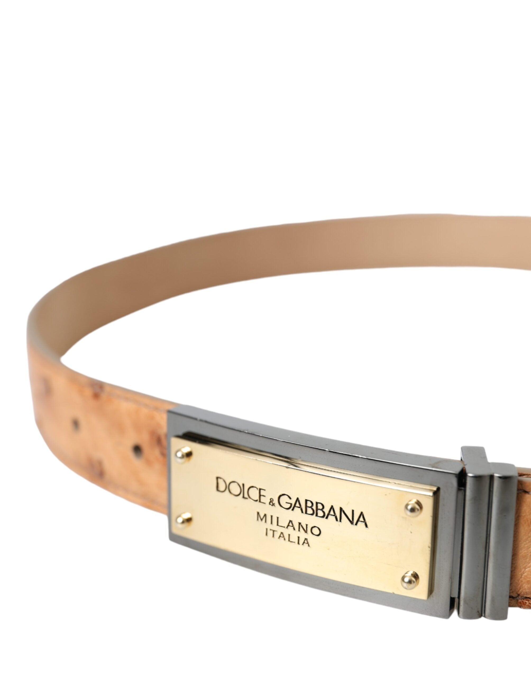 Dolce &amp; Gabbana – Beigefarbener Ledergürtel mit goldener Logo-Gravur