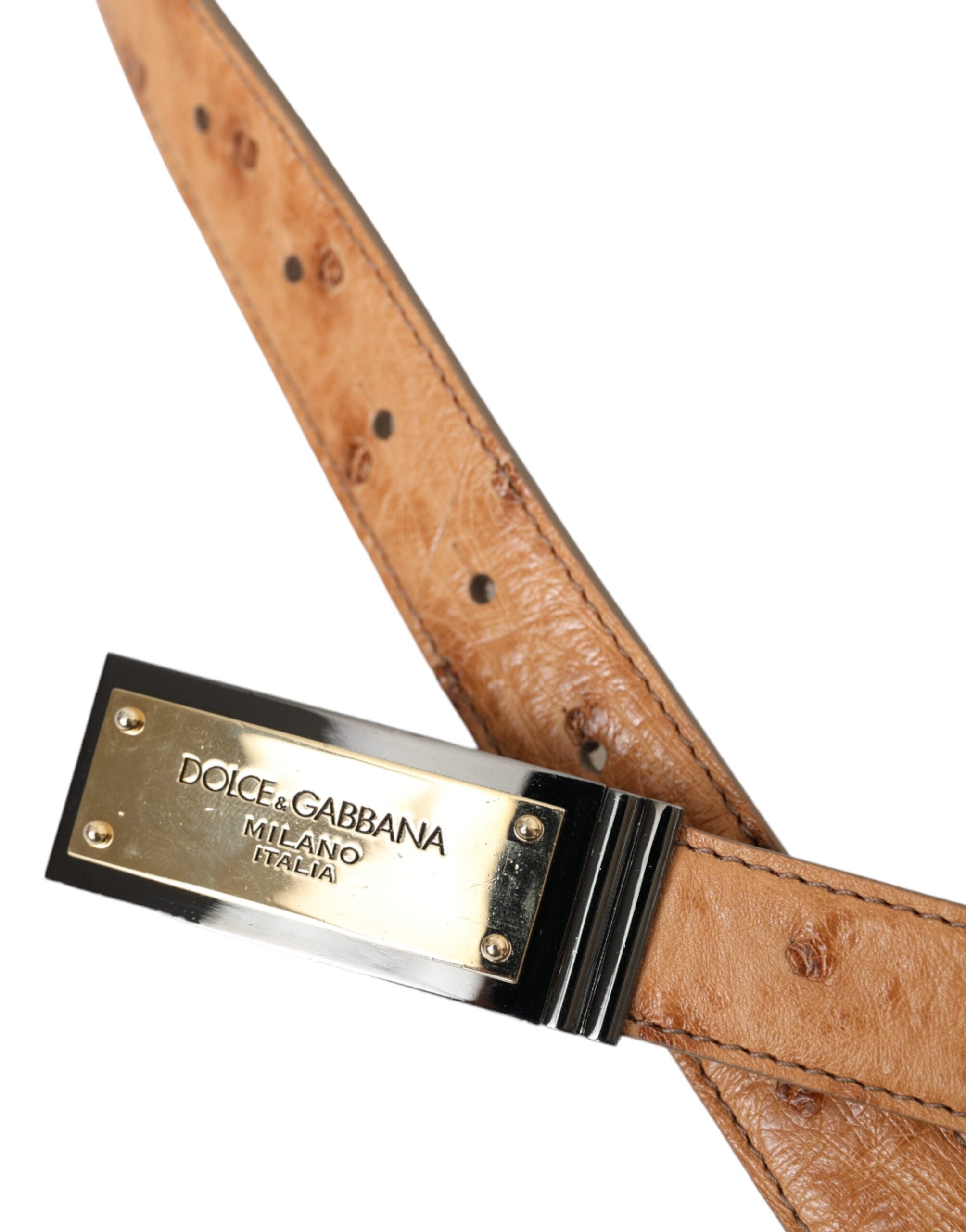 Dolce &amp; Gabbana – Beigefarbener Ledergürtel mit goldener Logo-Gravur