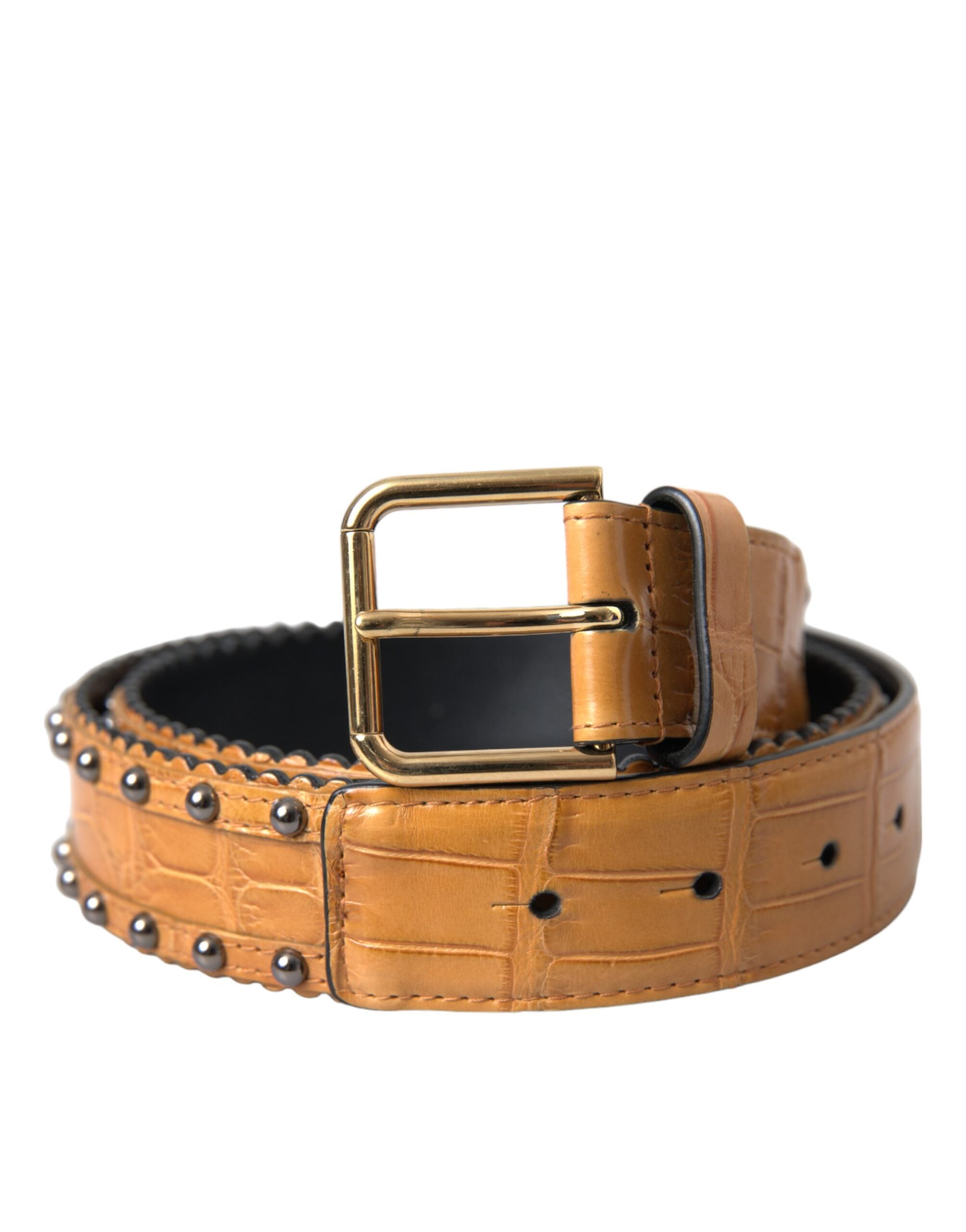 Dolce &amp; Gabbana – Beigefarbener Gürtel aus Alligatorleder mit Metallschnalle und Nieten