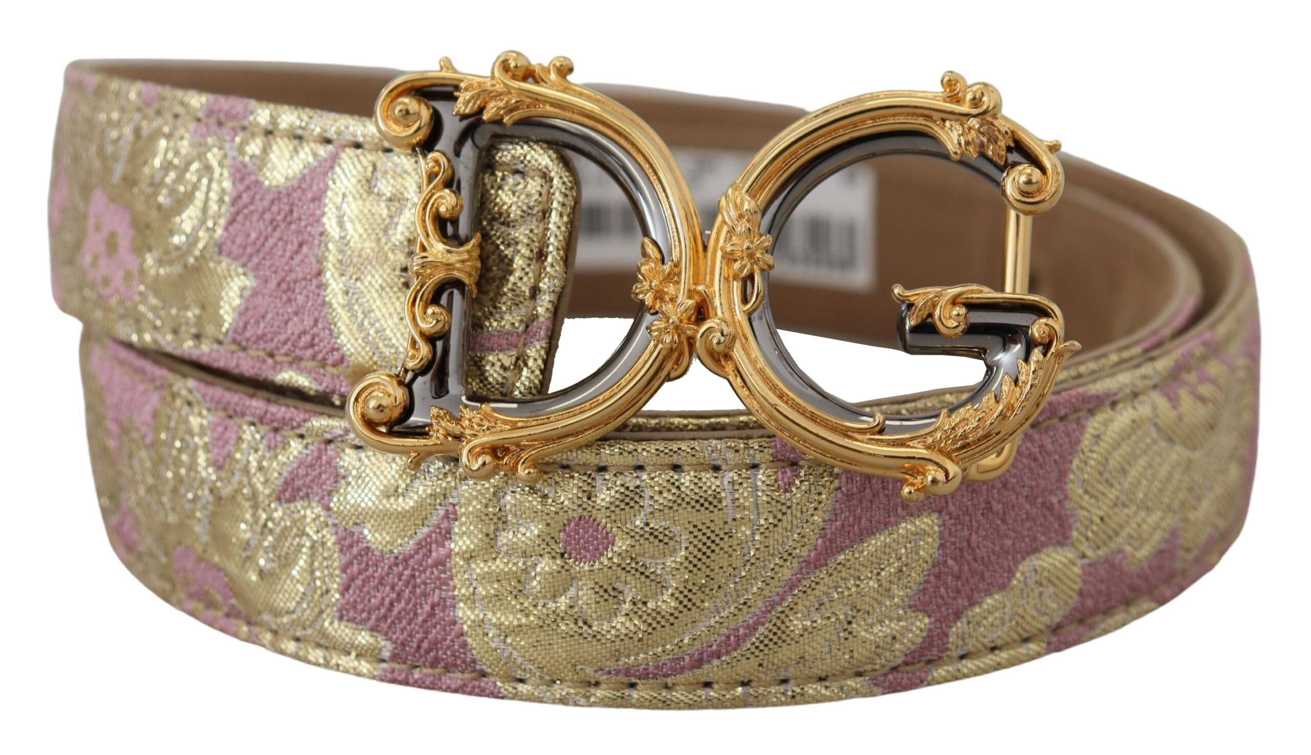 Dolce &amp; Gabbana – Rosa Jaquard-Gürtel mit DG-Logo und goldener Metallschnalle