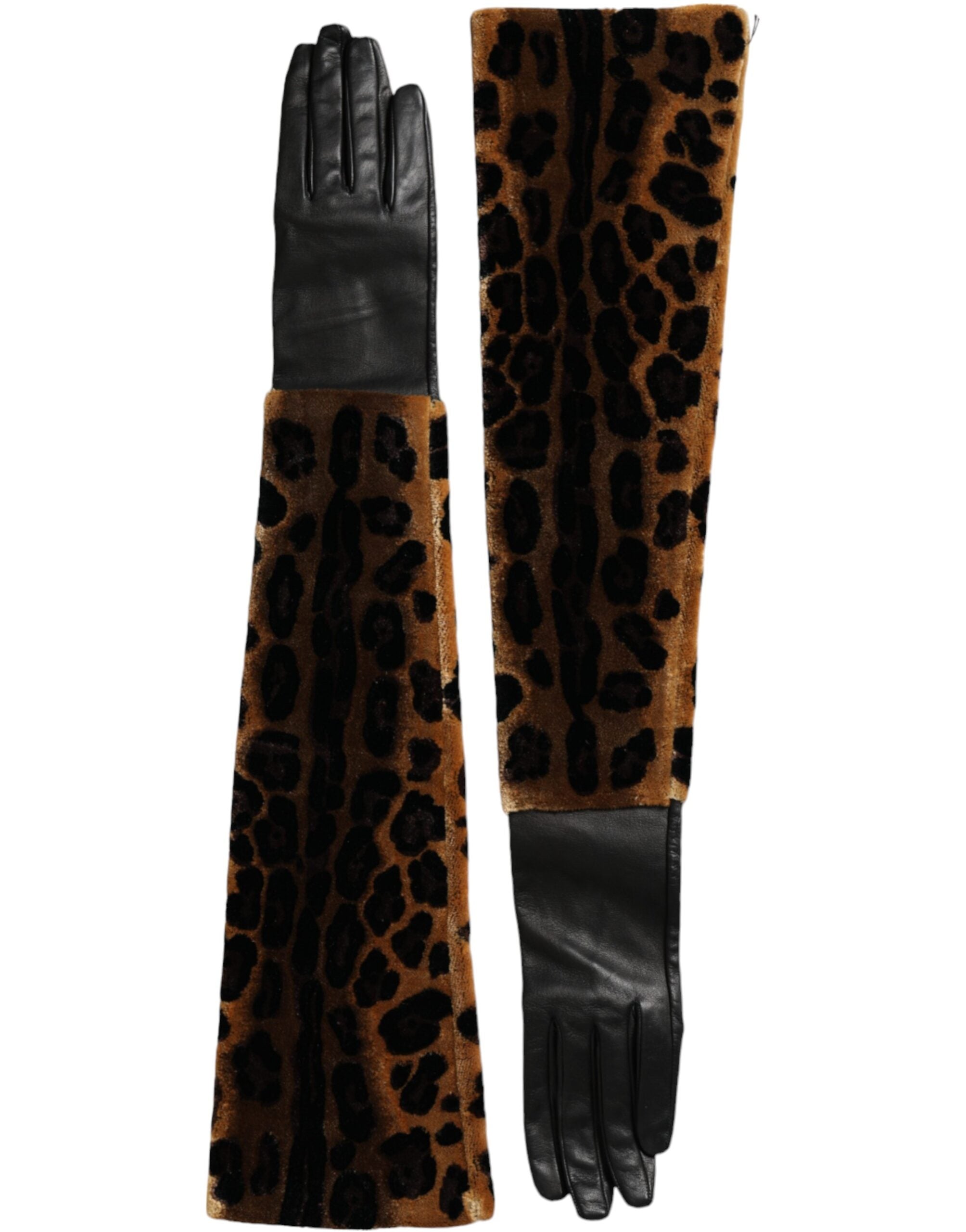Mănuși Dolce &amp; Gabbana din piele maro-neagră cu imprimeu leopard, lungime până la cot