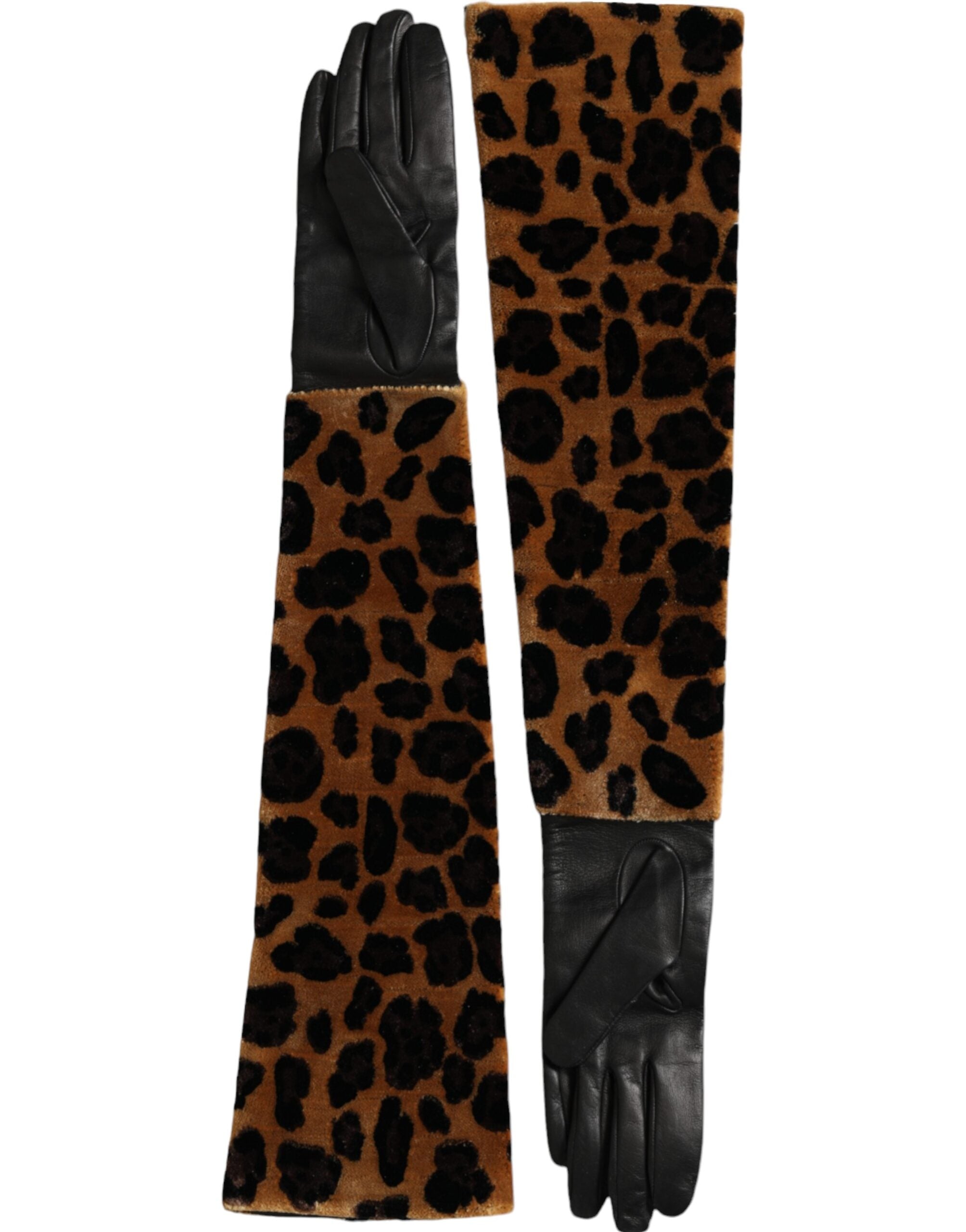 Mănuși Dolce &amp; Gabbana din piele maro-neagră cu imprimeu leopard, lungime până la cot