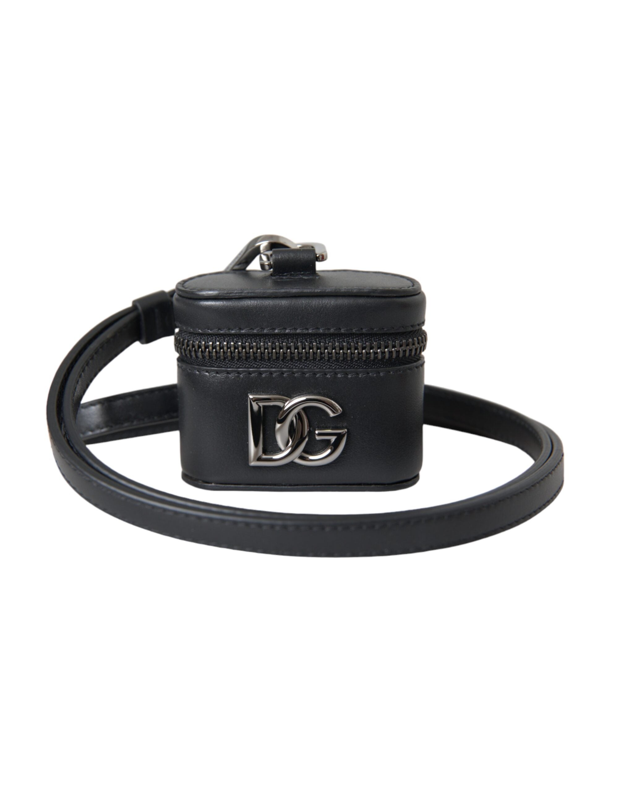 Husă Dolce &amp; Gabbana pentru Airpods din piele, neagră, cu logo DG, din metal argintiu