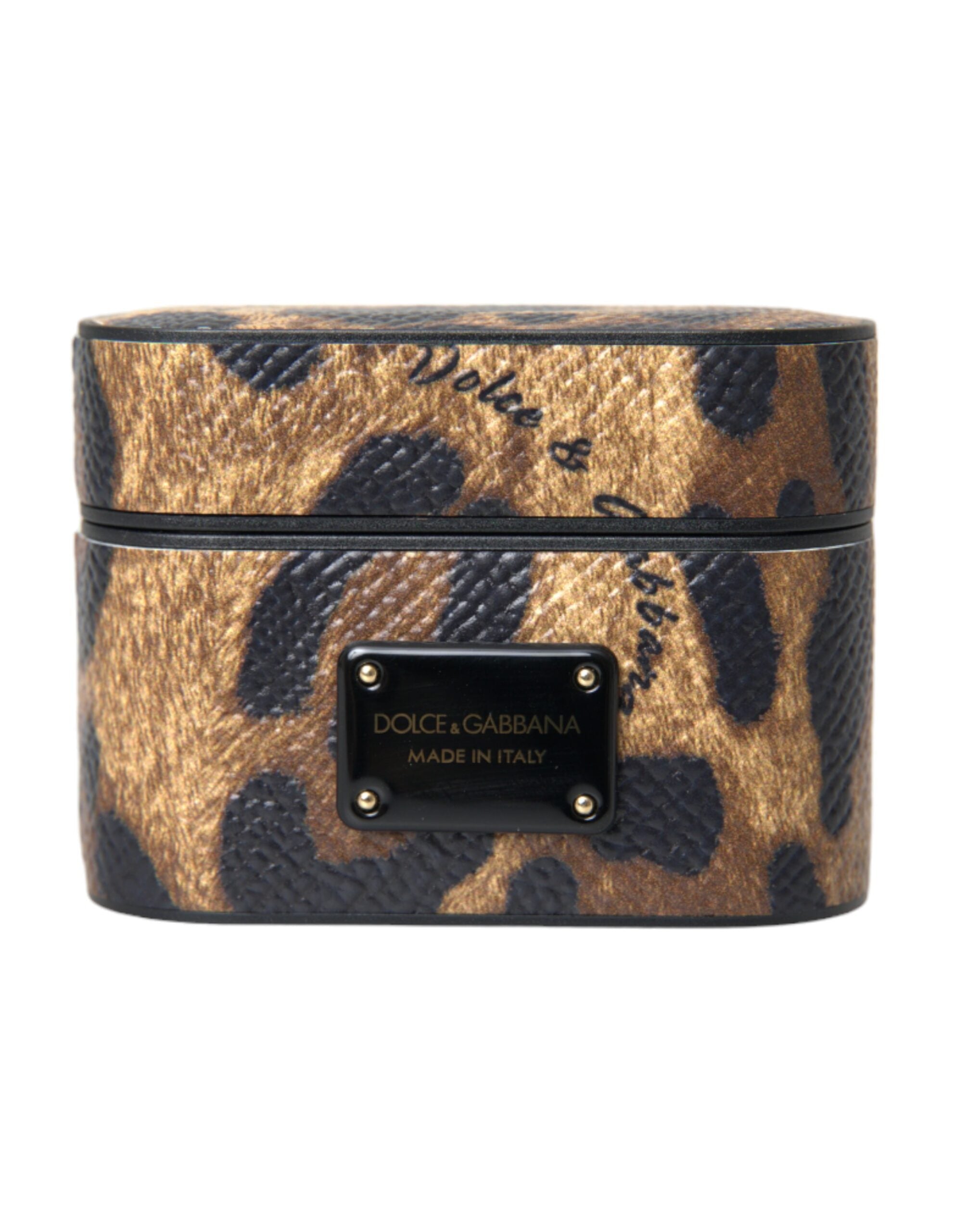 Husă Dolce &amp; Gabbana pentru Airpods din piele de vițel maro cu leopard și placă metalică cu logo
