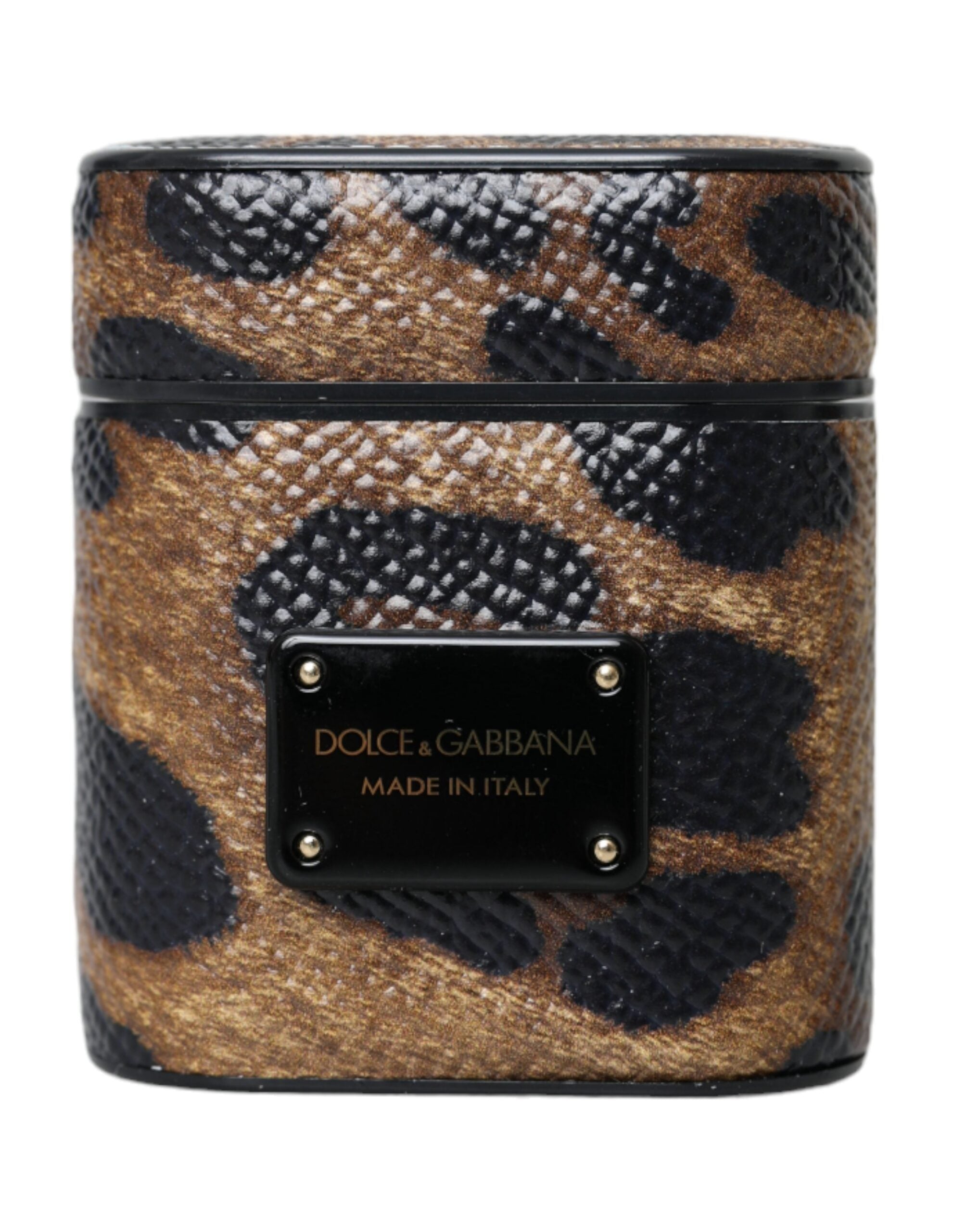 Husă Dolce &amp; Gabbana pentru Airpods din piele de vițel maro cu leopard și placă metalică cu logo