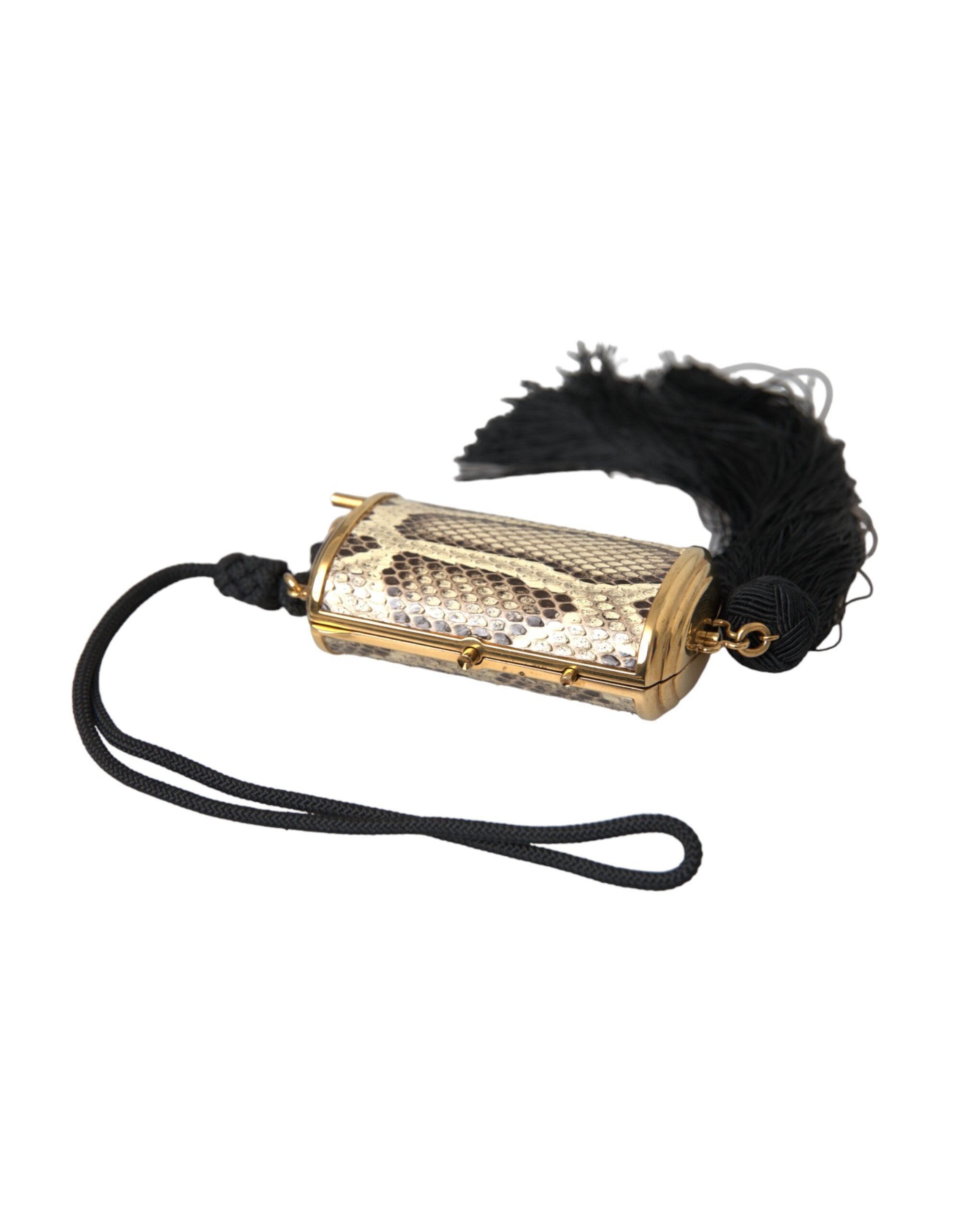 Dolce &amp; Gabbana Geantă de machiaj mini din piele exotică bej cu oglindă și ciucuri