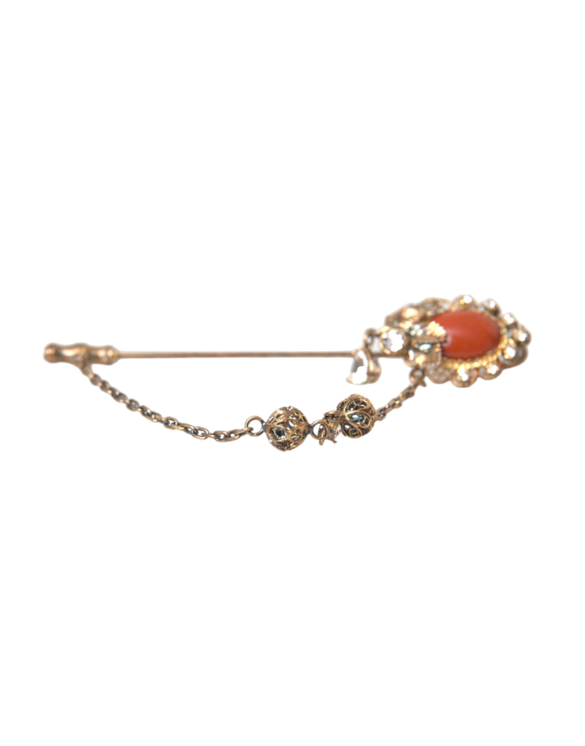 Dolce &amp; Gabbana Brosche aus vergoldetem Messing mit Kristallkette, 925er Sterlingsilber