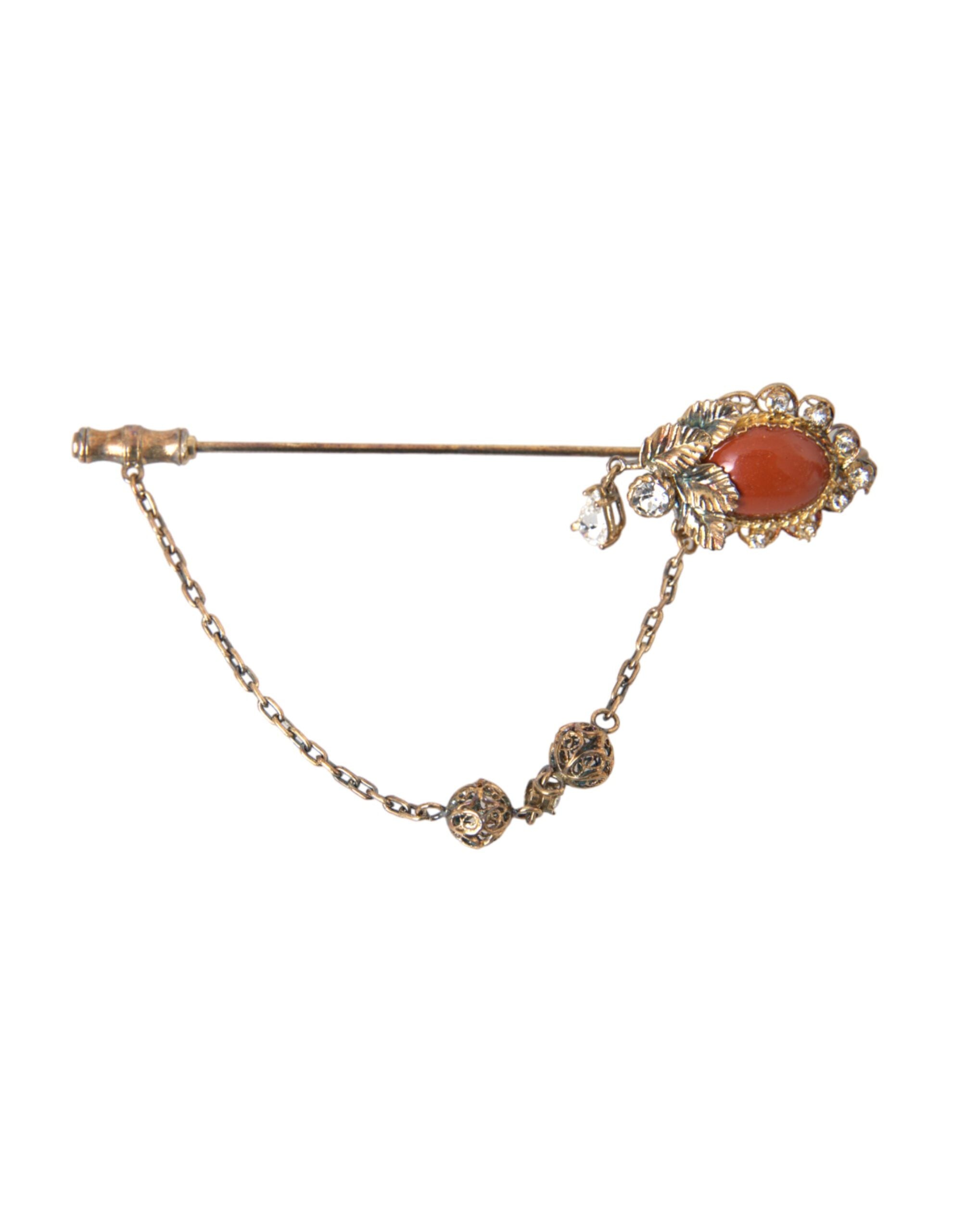 Dolce &amp; Gabbana Brosche aus vergoldetem Messing mit Kristallkette, 925er Sterlingsilber