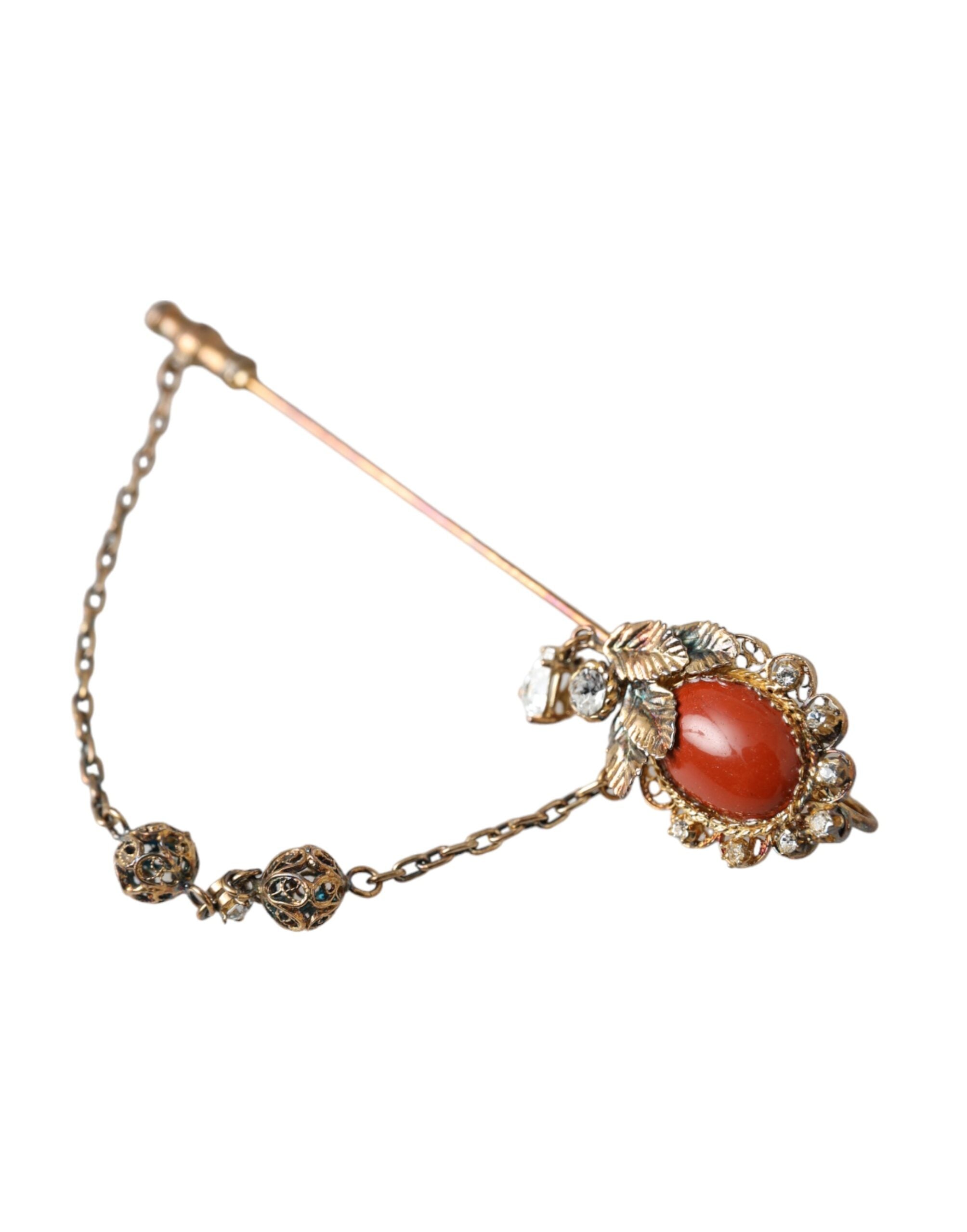 Dolce &amp; Gabbana Brosche aus vergoldetem Messing mit Kristallkette, 925er Sterlingsilber