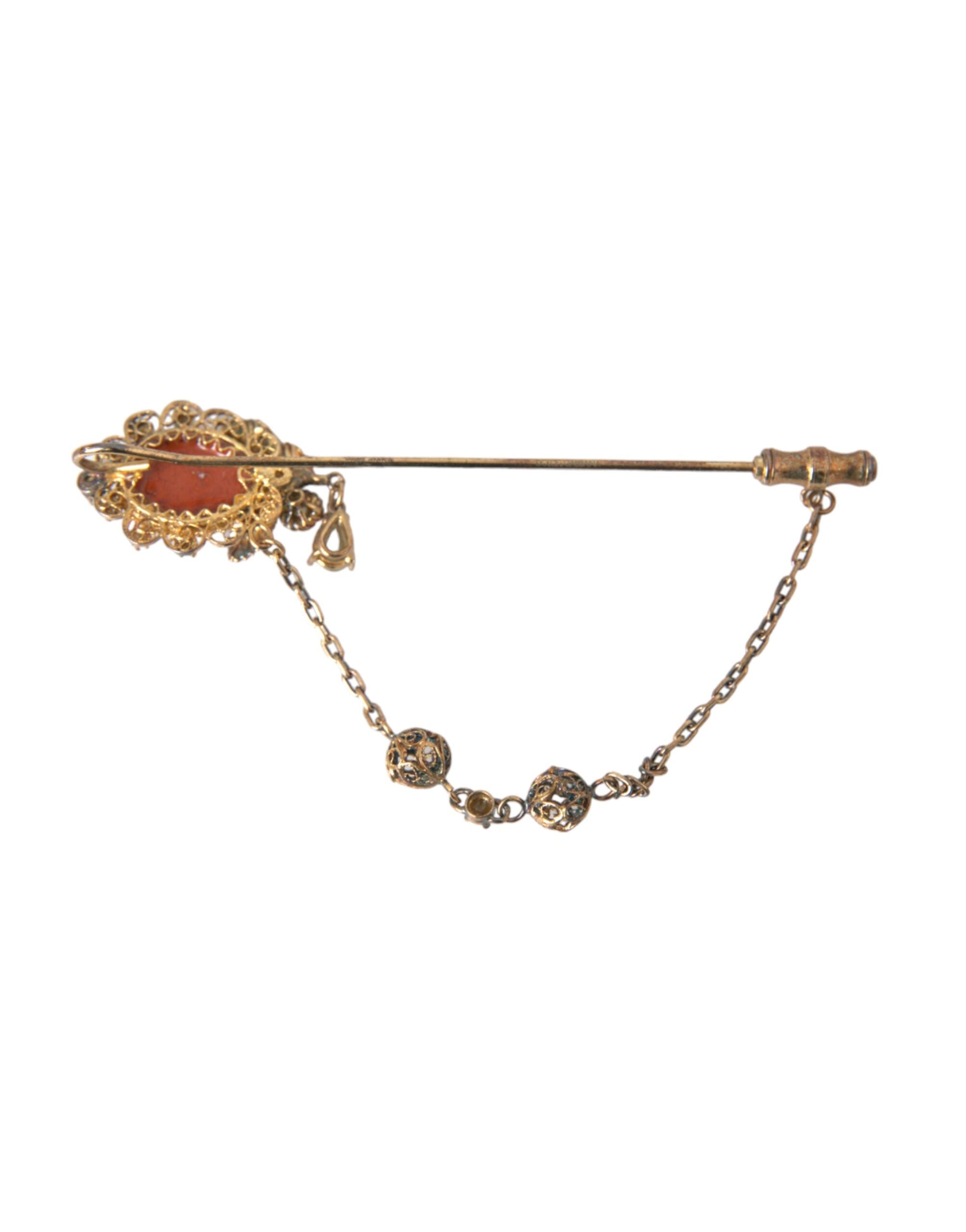 Dolce &amp; Gabbana Brosche aus vergoldetem Messing mit Kristallkette, 925er Sterlingsilber