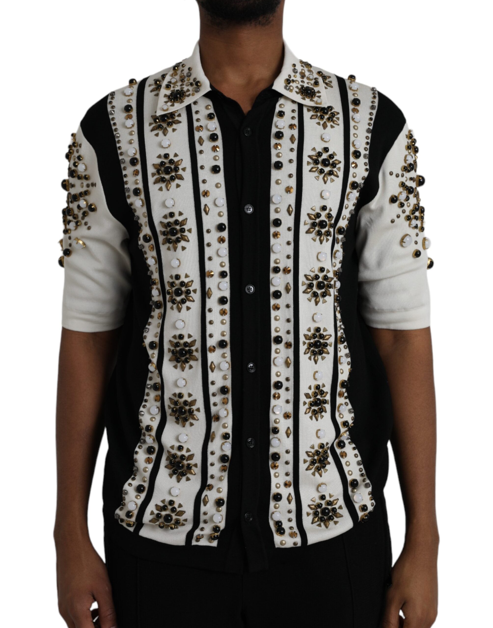 Dolce &amp; Gabbana – Weißes, schwarzes Seidenhemd mit Stein- und Kristallbesatz