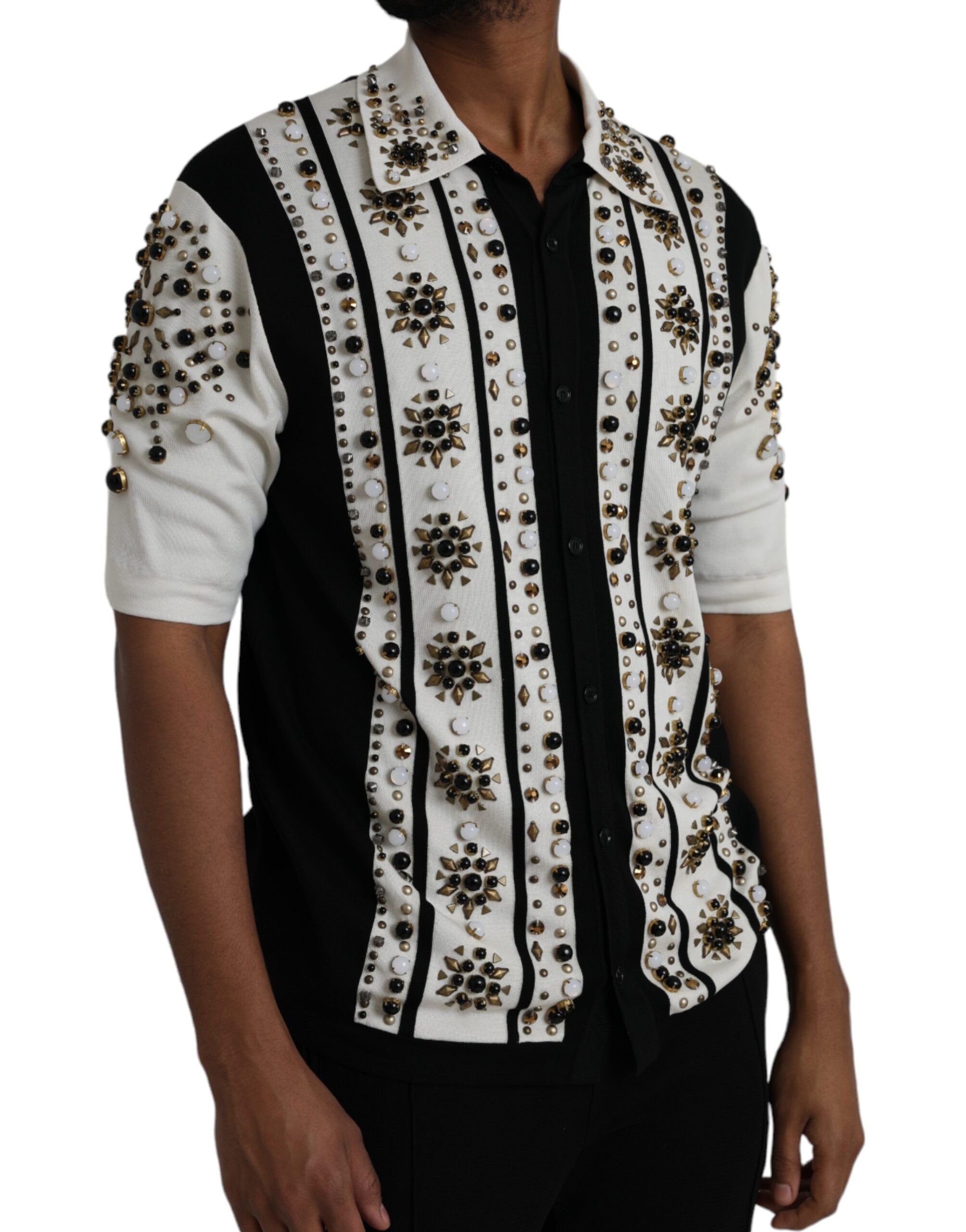 Dolce &amp; Gabbana – Weißes, schwarzes Seidenhemd mit Stein- und Kristallbesatz