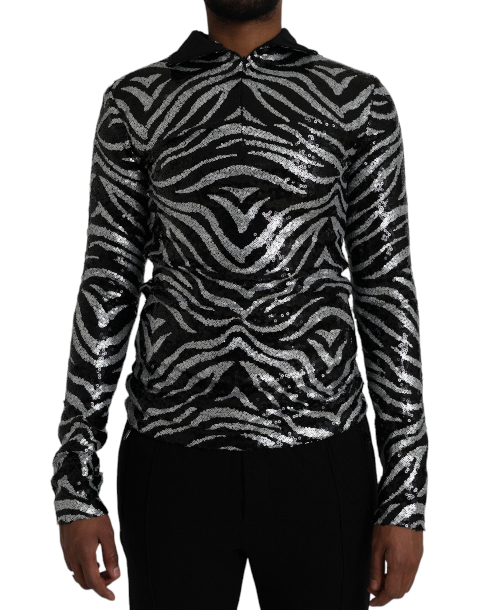 Dolce &amp; Gabbana Schwarz-silberner Polyesterpullover mit Pailletten