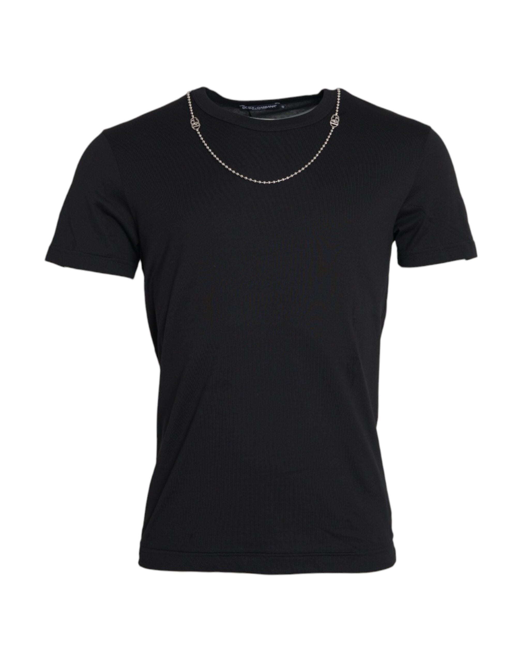Dolce &amp; Gabbana – Schwarzes, kurzärmliges T-Shirt aus Baumwolle mit silberner Kette