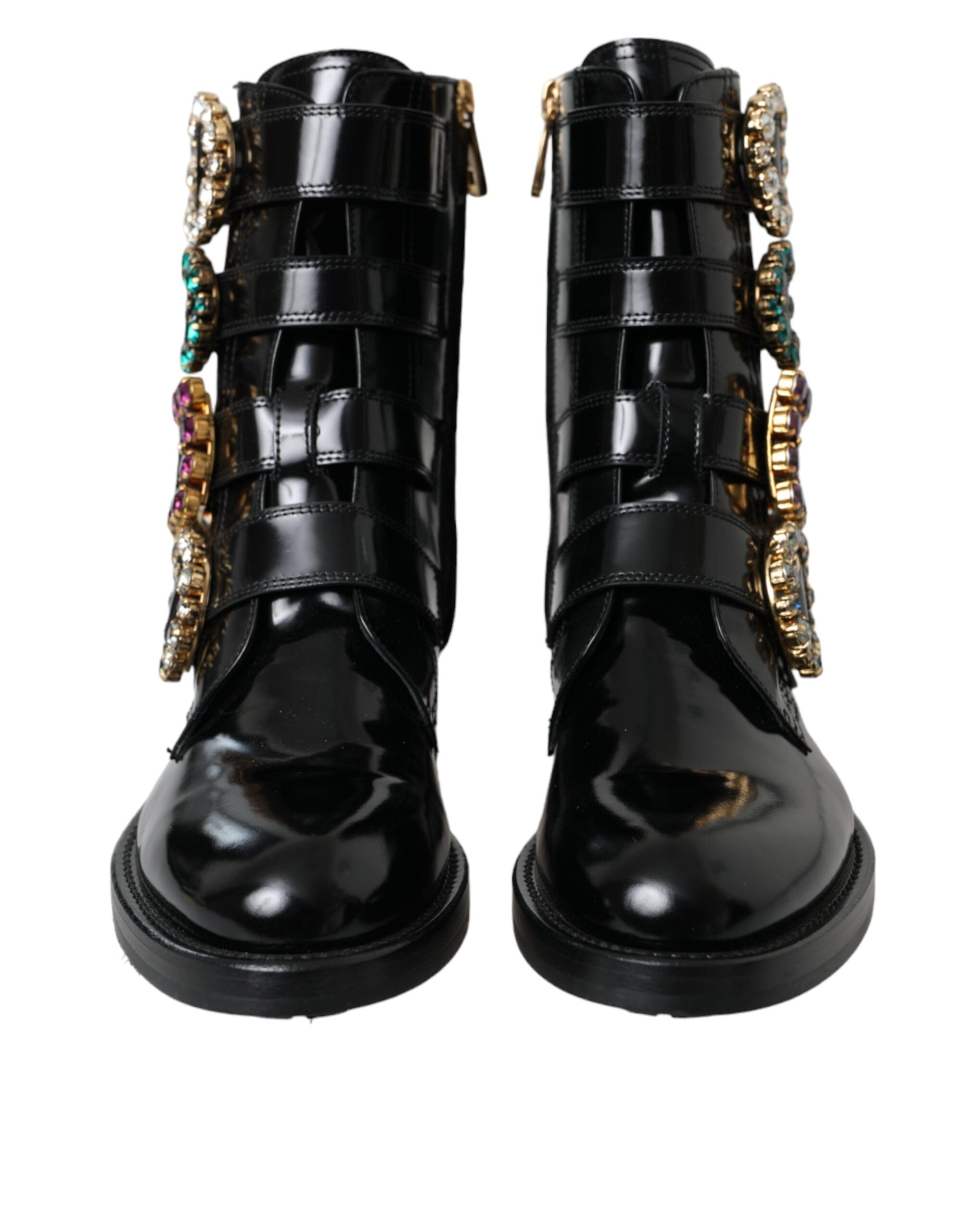 Dolce &amp; Gabbana Schwarze Lederstiefel mit Kristallschnallen