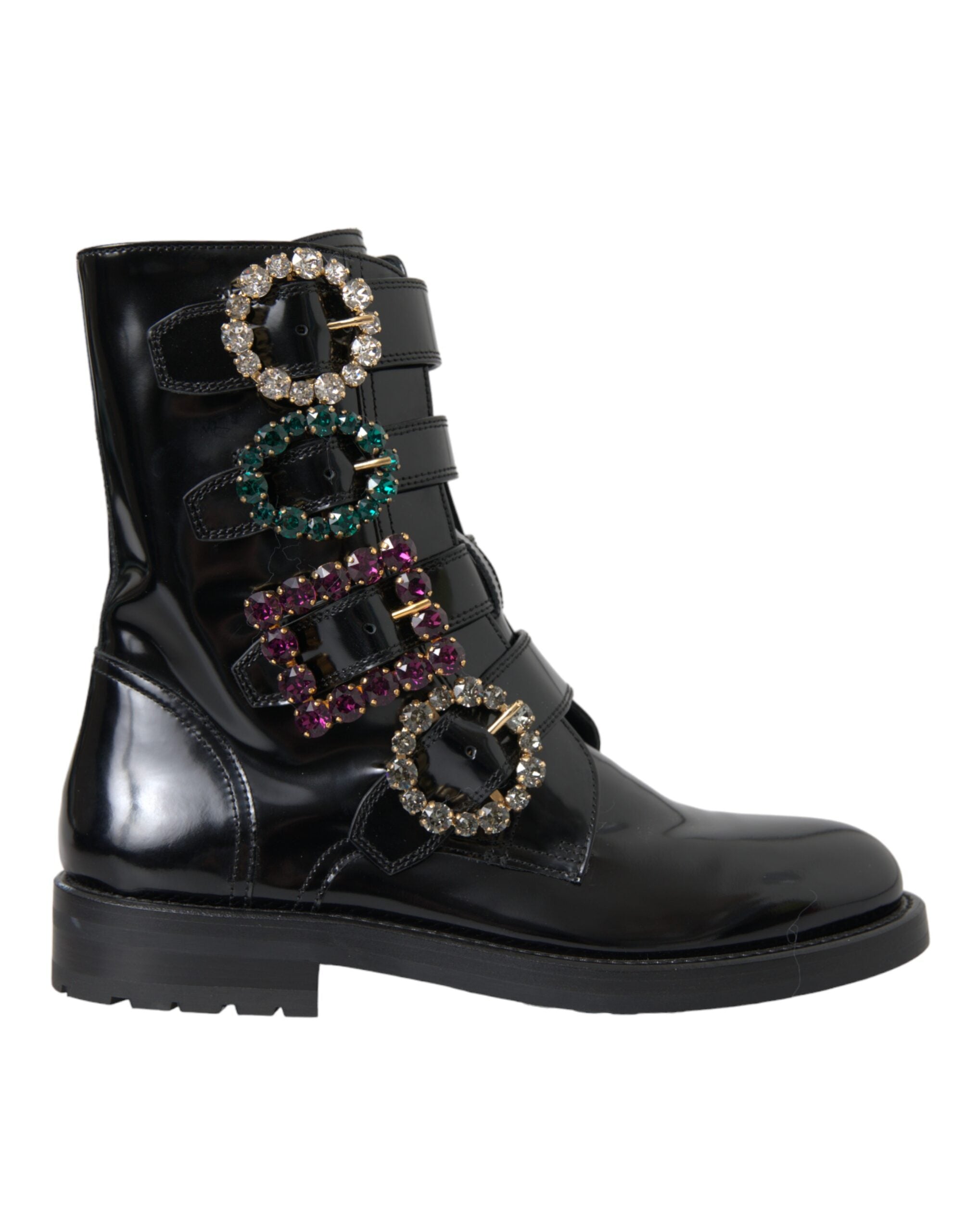 Dolce &amp; Gabbana Schwarze Lederstiefel mit Kristallschnallen