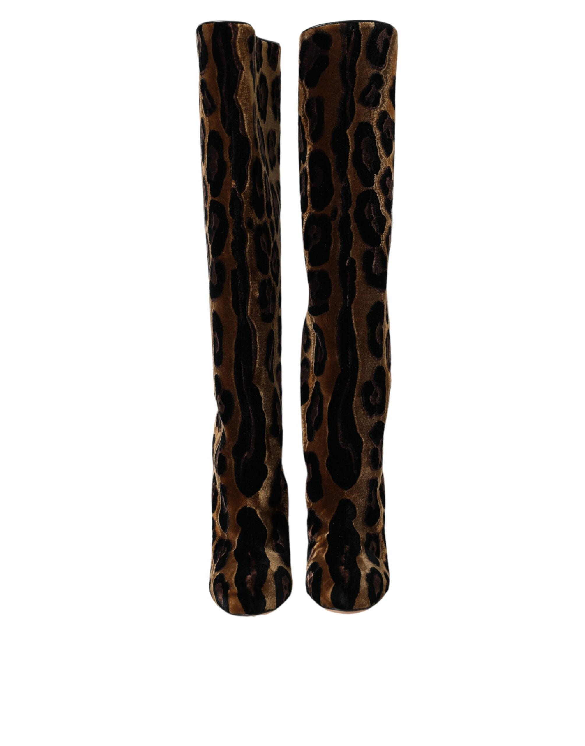 Dolce &amp; Gabbana Braune Stiefel aus Samtleder mit Giraffenmuster