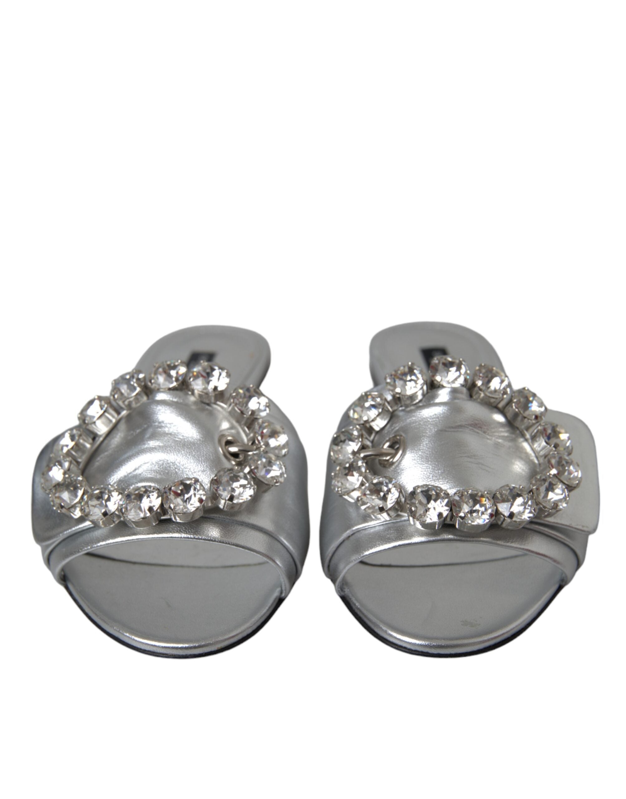 Dolce &amp; Gabbana Silber Kristall Leder Flats Sandalen Schuhe
