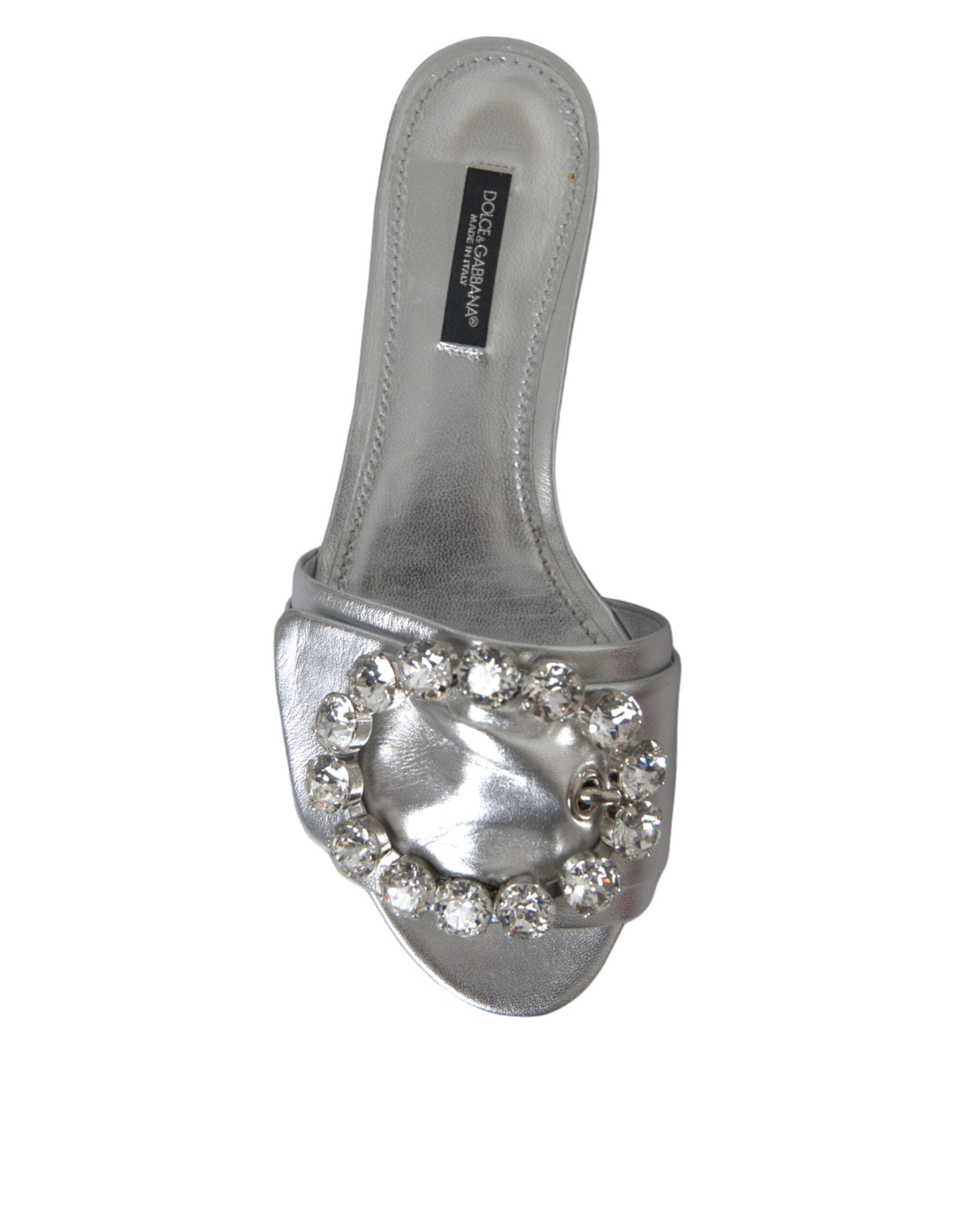 Dolce &amp; Gabbana Silber Kristall Leder Flats Sandalen Schuhe