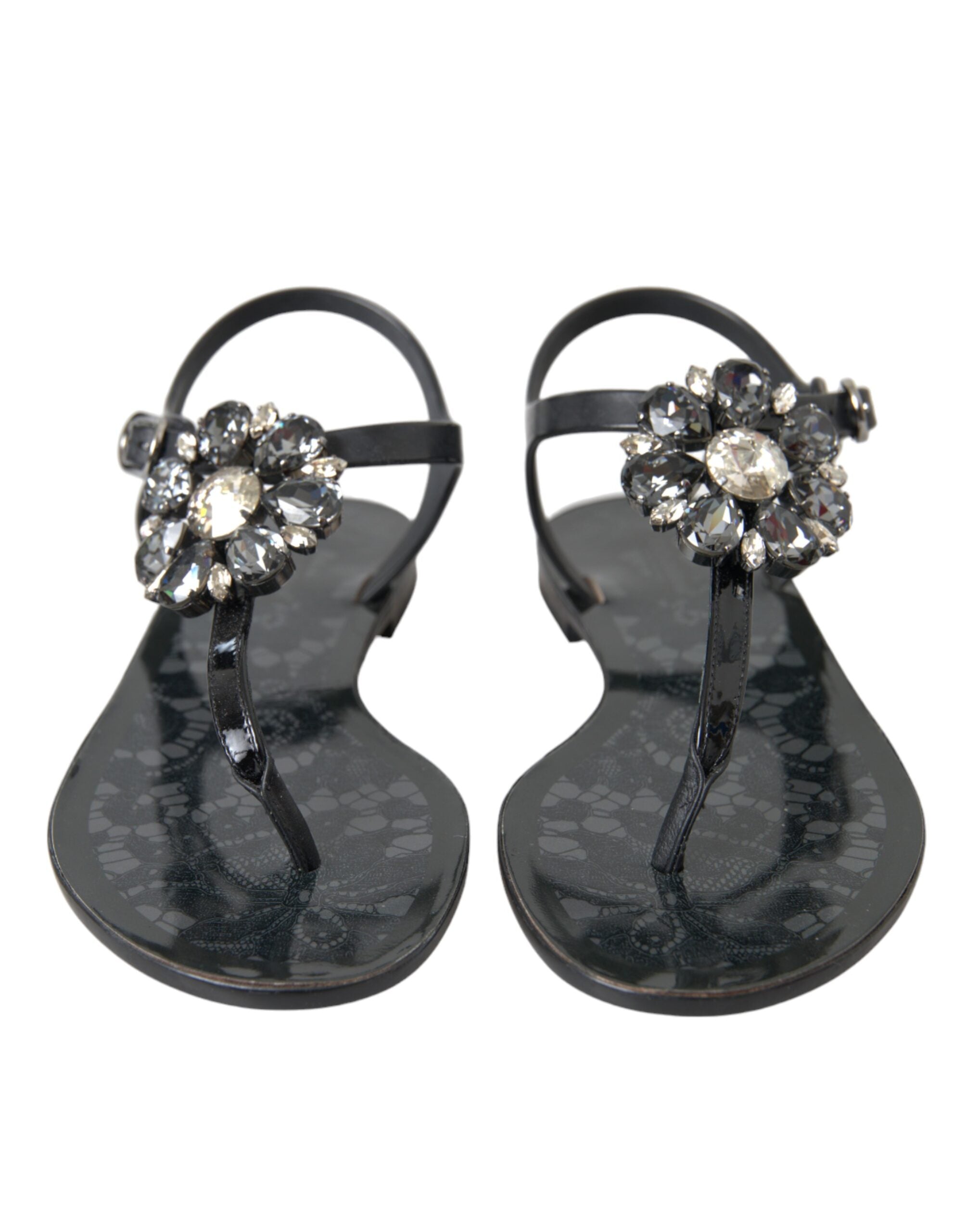 Dolce &amp; Gabbana Schwarze Kristall-Flache Sandalen Flip-Flops Schuhe