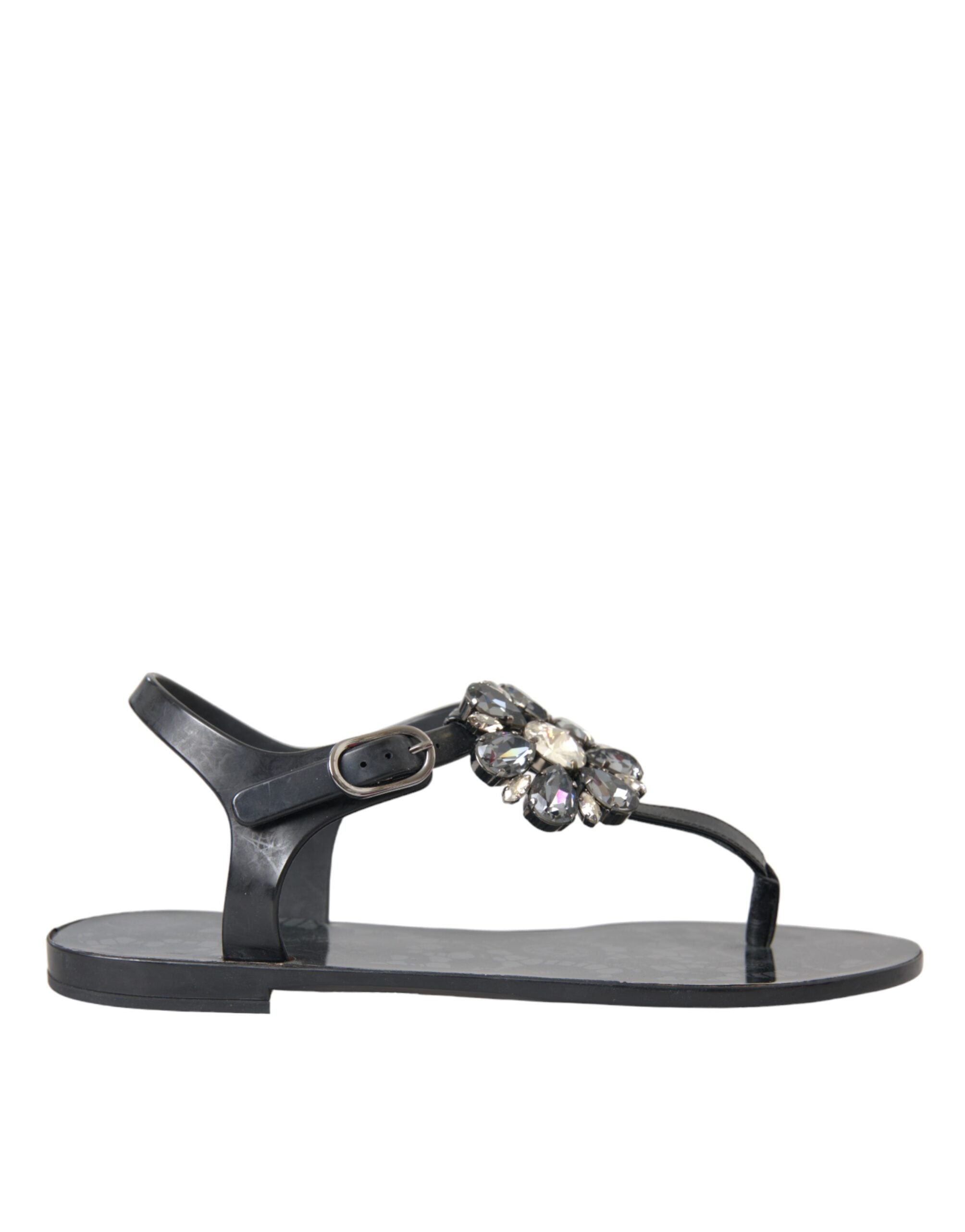 Dolce &amp; Gabbana Schwarze Kristall-Flache Sandalen Flip-Flops Schuhe