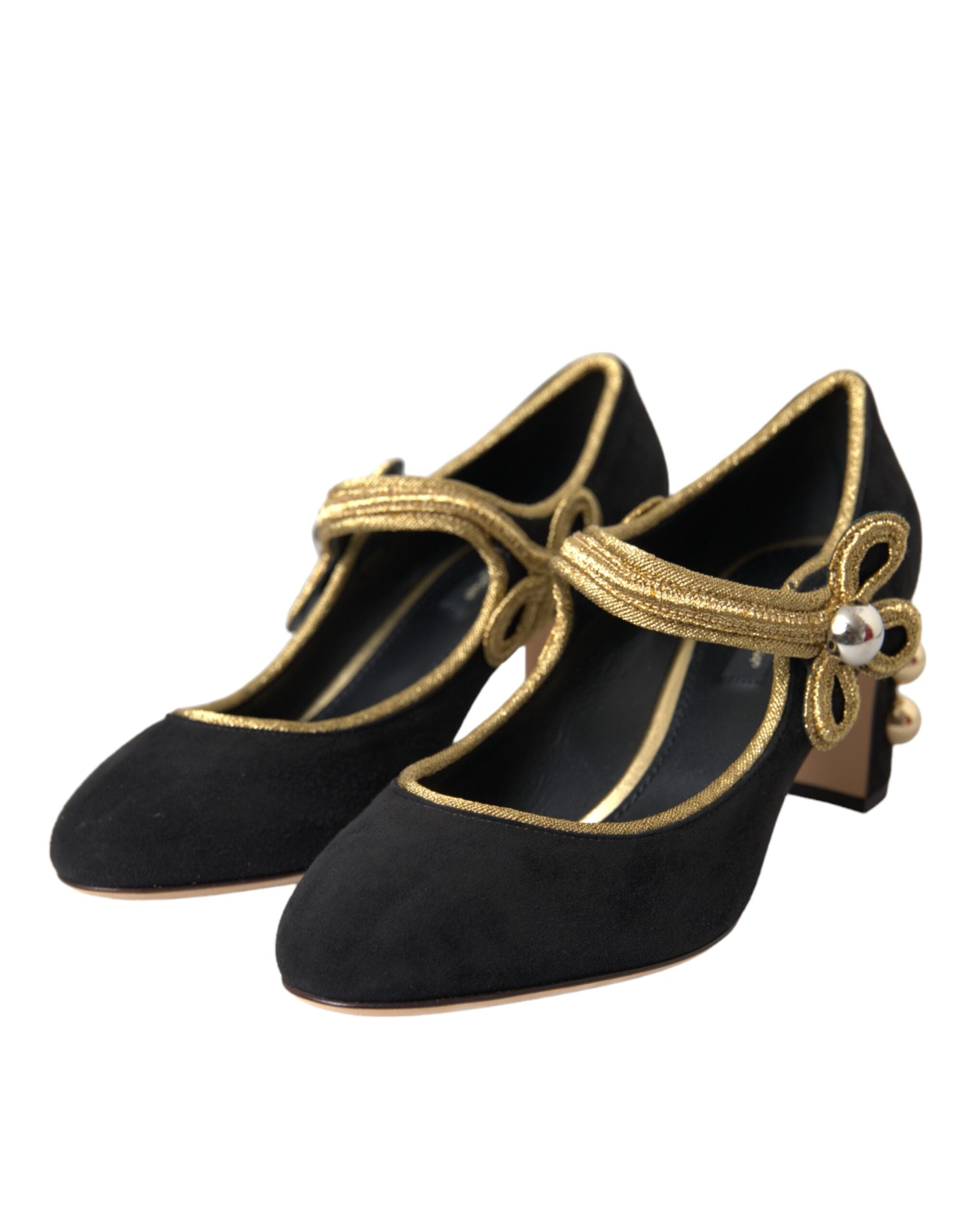 Dolce &amp; Gabbana Schwarze Wildleder Gold Mary Janes Heels Pumps Schuhe