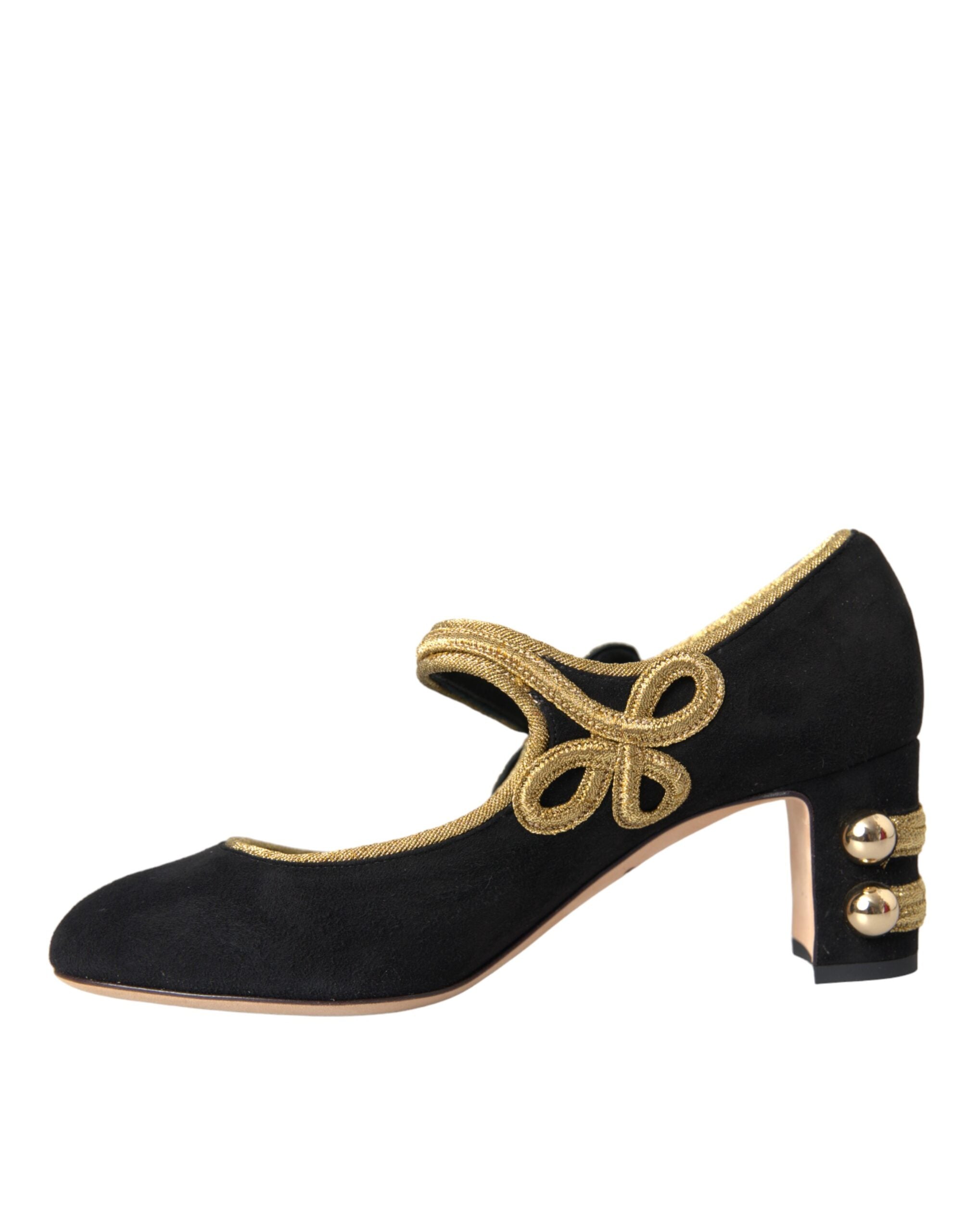 Dolce &amp; Gabbana Schwarze Wildleder Gold Mary Janes Heels Pumps Schuhe