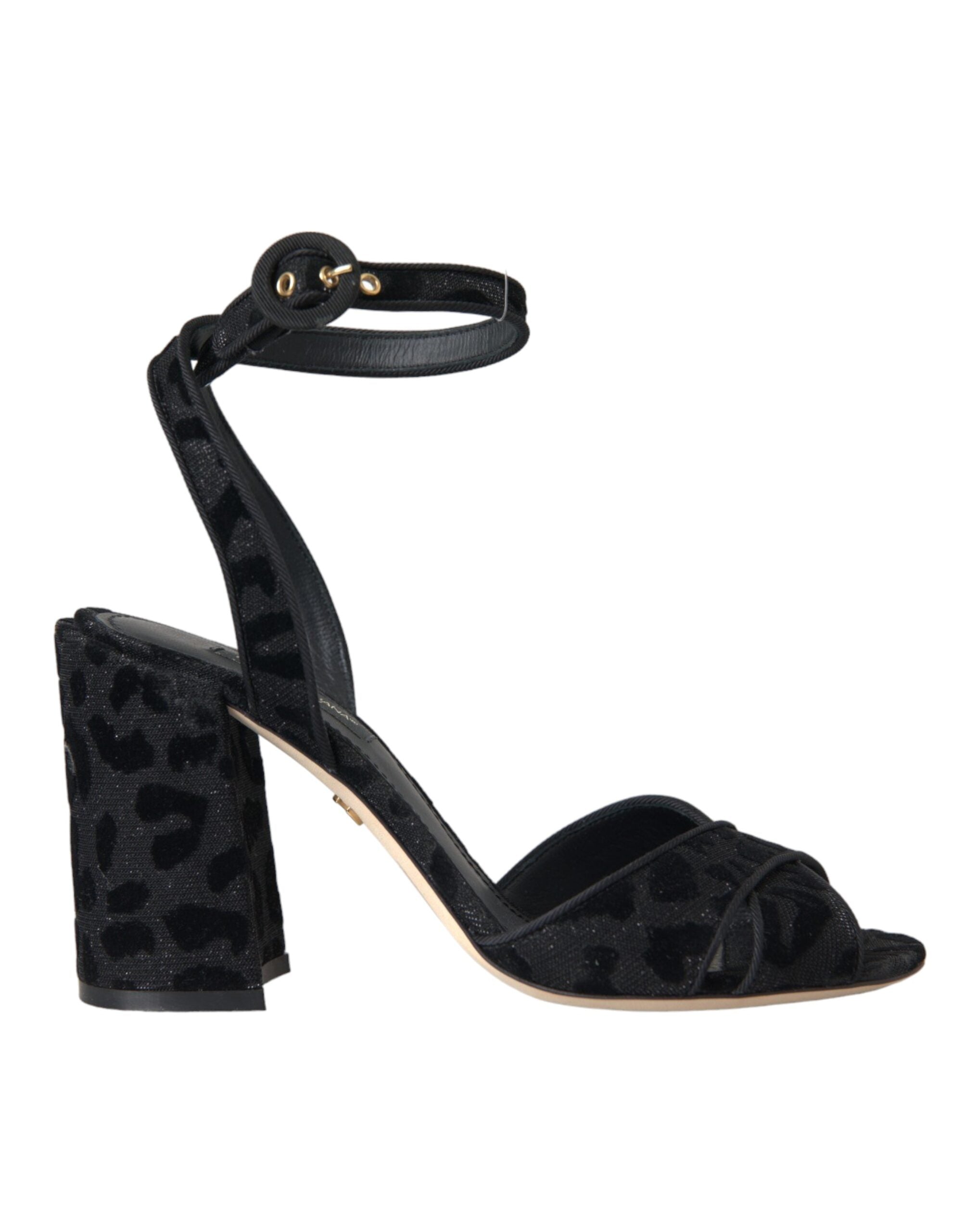 Sandale Dolce &amp; Gabbana cu toc din piele întoarsă cu imprimeu leopard negru