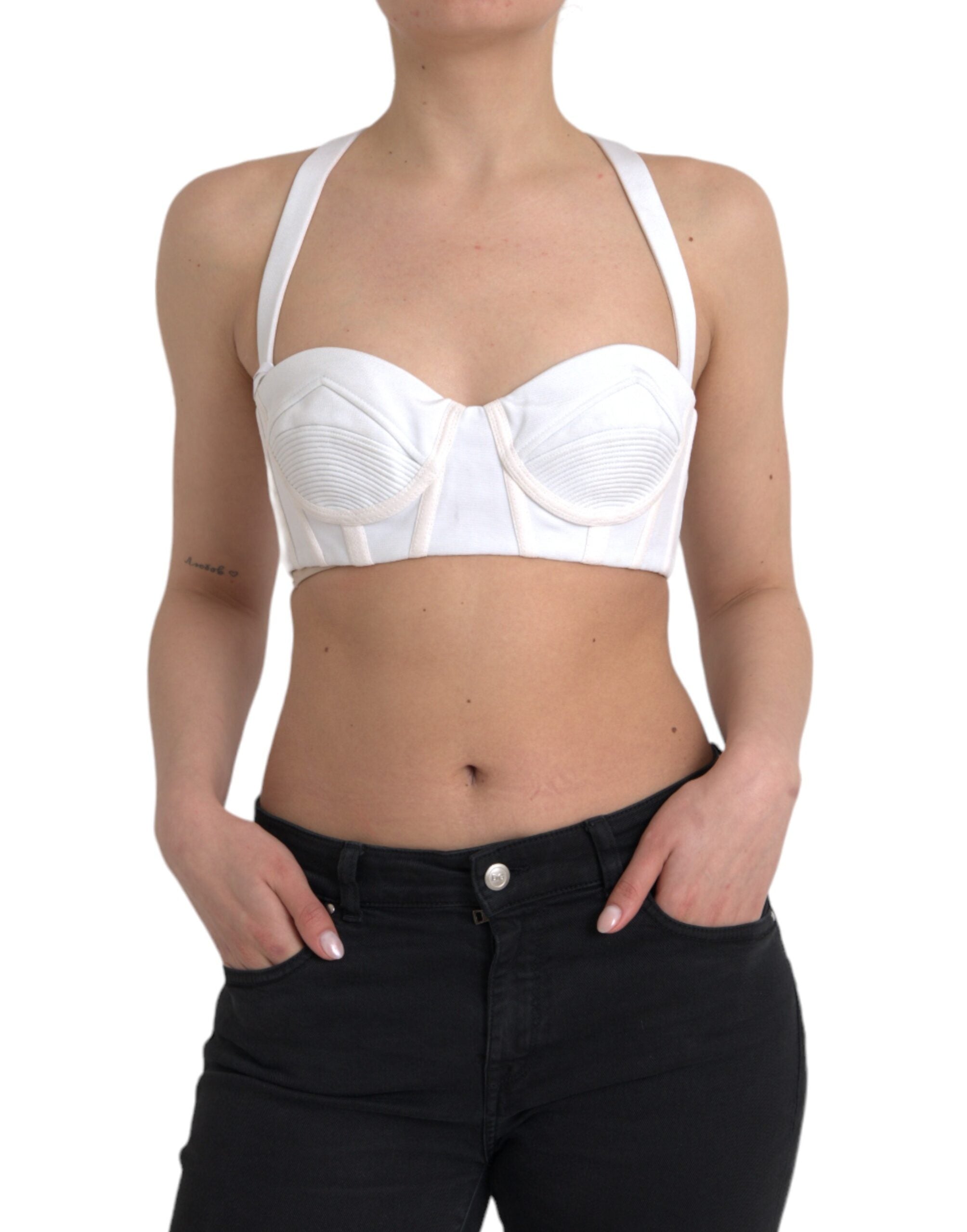Versace – Weißes, ärmelloses Bustier-Crop-Top aus Viskose